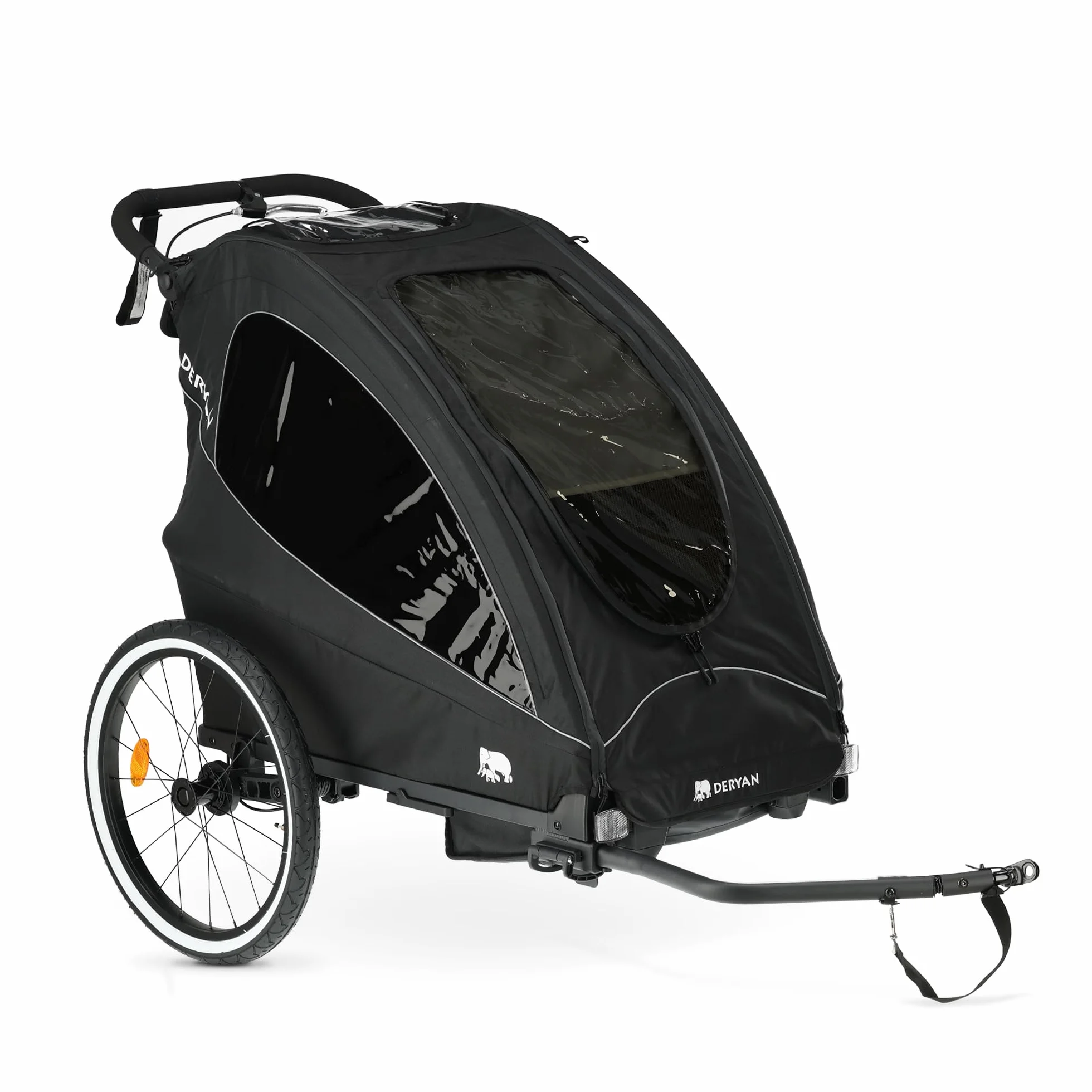 Deryan Luxus 3-in-1 Rimorchio per Bicicletta per 1 Bambini – Rimorchio per Bicicletta, Passeggino & Jogger – Passeggino Multifunzionale con Cintura a 5 Punti – Nero