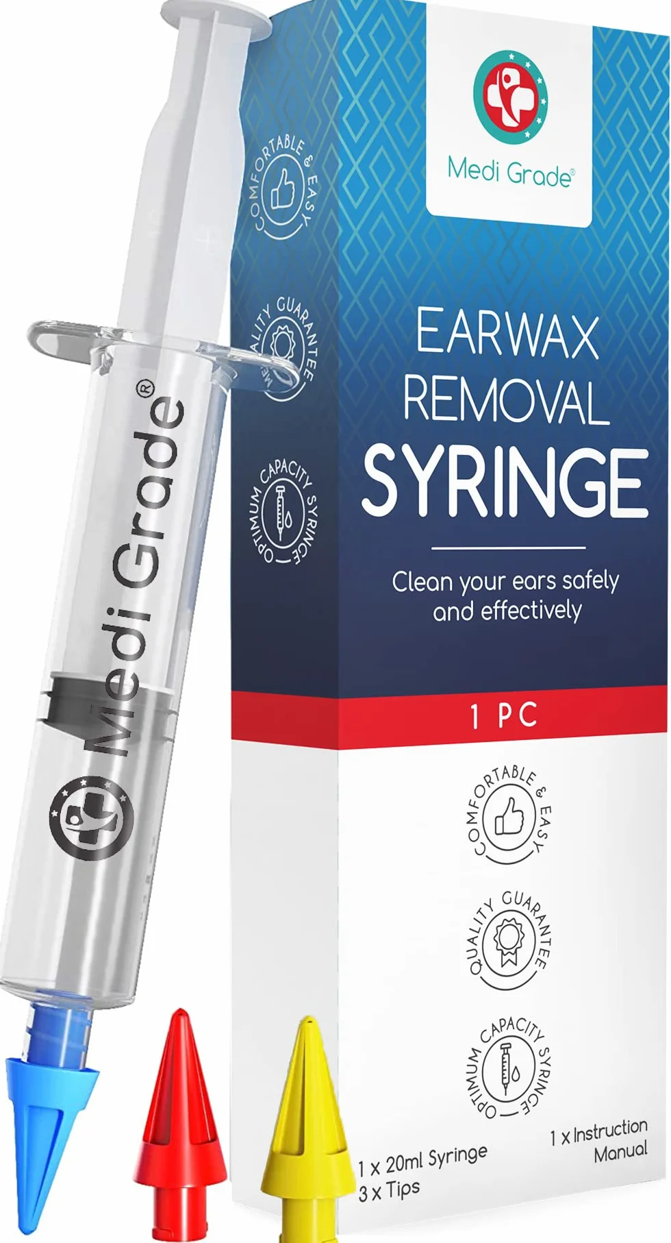 Medi Grade Kit Siringa Pulisci Orecchie – Siringa per Tappi Orecchie con 3 Punte a Getto Quadruplo –Kit per Pulizia Orecchie di Uso Domestico - Migliora la Chiarezza L’udito