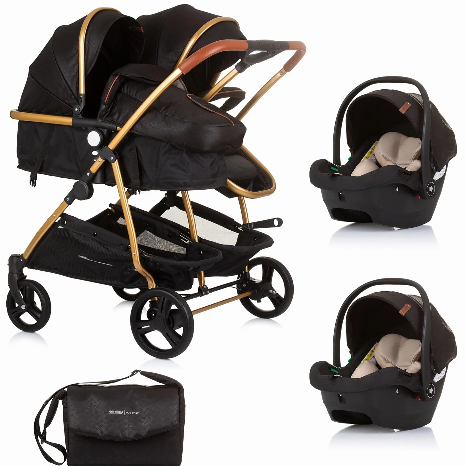 DUO SMART - Passeggino gemelli o bambini stretti, larghezza 79 cm, nero + 2 accoglienti neri