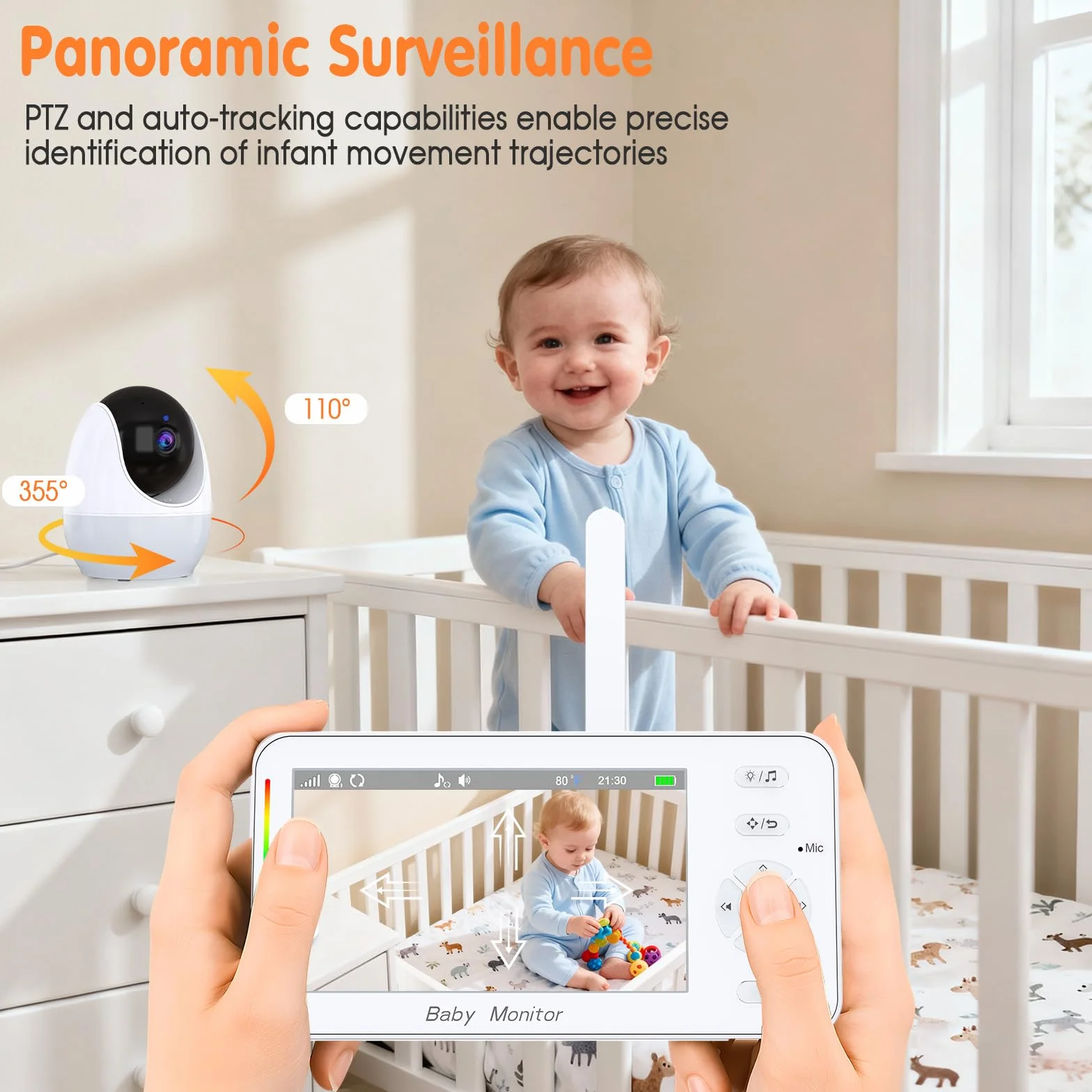 Babyphone con fotocamera e app, monitor da 4,3" con zoom, visione notturna, pianto/movimento/rilevazione del rumore/ninna