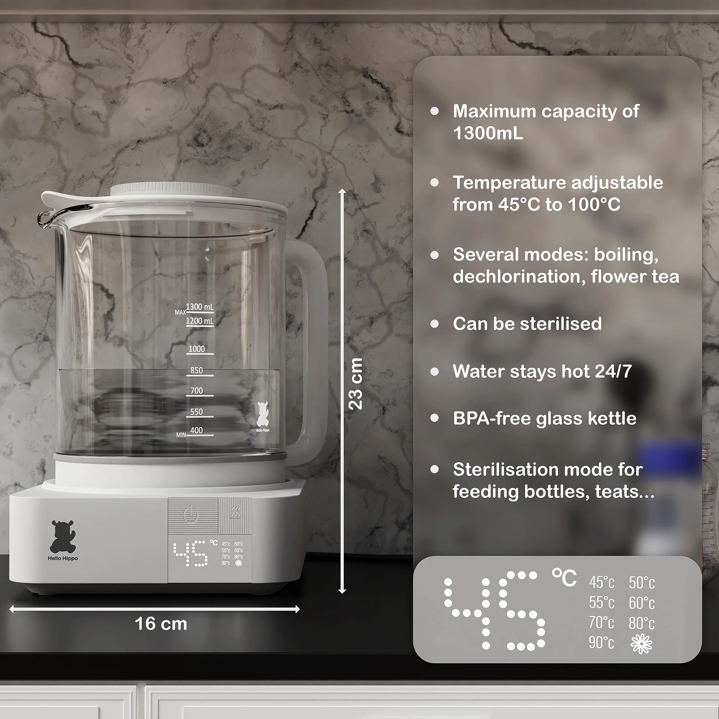 HELLO HIPPO® Bollitore Scaldabiberon 1300 mL in vetro - 800W basso consumo - Sterilizzatore per capezzoli - Mantiene il calore 24H - Temperatura regolabile da 45-100°C - Biberon, tè, cioccolato, caffè