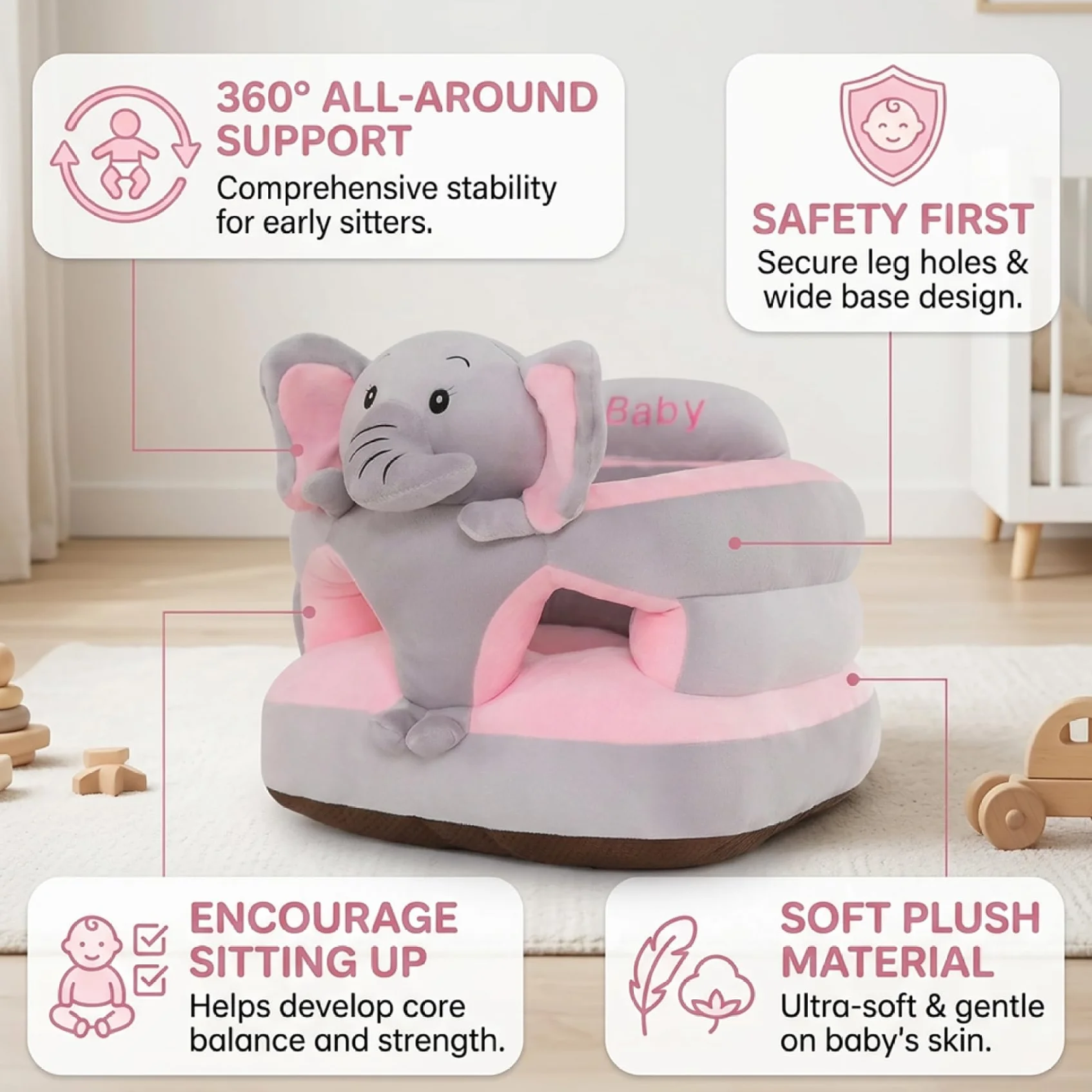Sedia Sit Up per Bambini, Seggiolino da Terra Sit Me Up Elefante per Bambino, Cuscino di Supporto in Morbido Peluche con Base Antiscivolo, Articoli per Neonati (Grigio), Utilizzo IntéRieure
