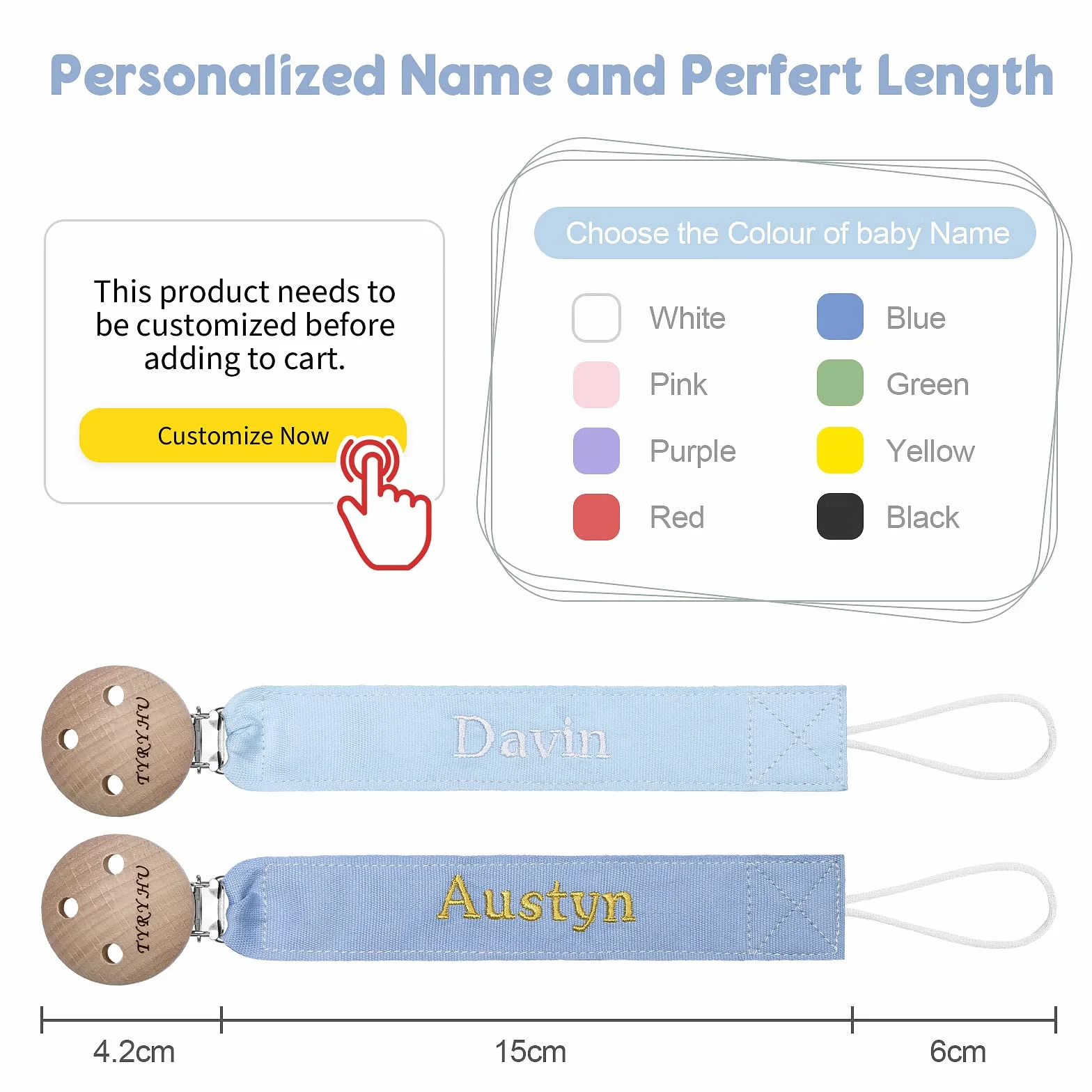 TYRY.HU Catenella Portaciuccio con Nome Personalizzata Porta Succhietto Clip di Legno Cotone Bambine Ragazzi Massaggiagengive Ciuccio Clip Baby Regalo, 2 Pezzi