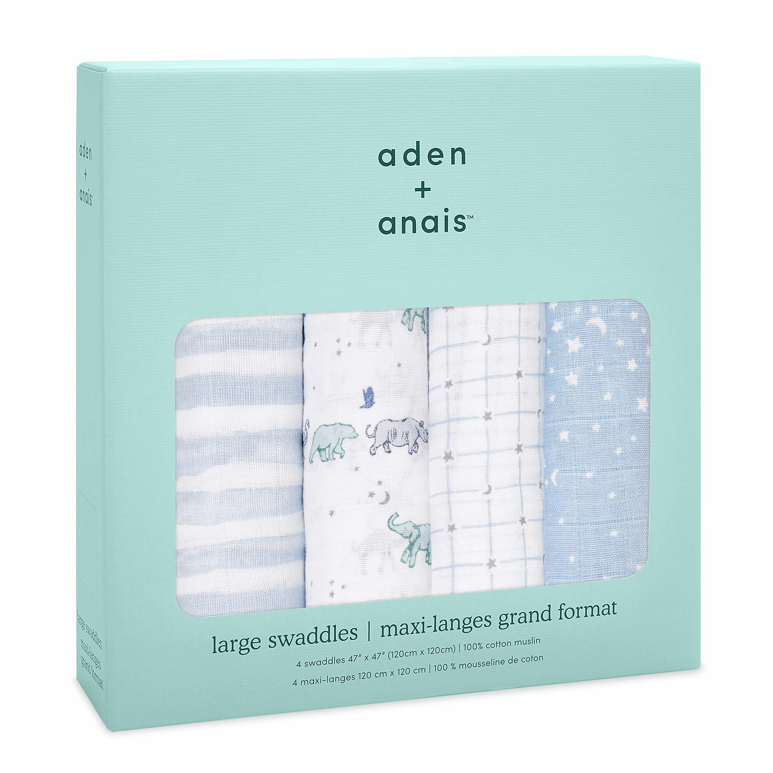 aden + anais Wildlife Swaddle - Confezione da 4 pezzi, grande set di 100% mussola di cotone, per bambine e ragazzi,motivo stella, luna, ippopotamo e orso, elementi essenziali per il sonno dei neonati
