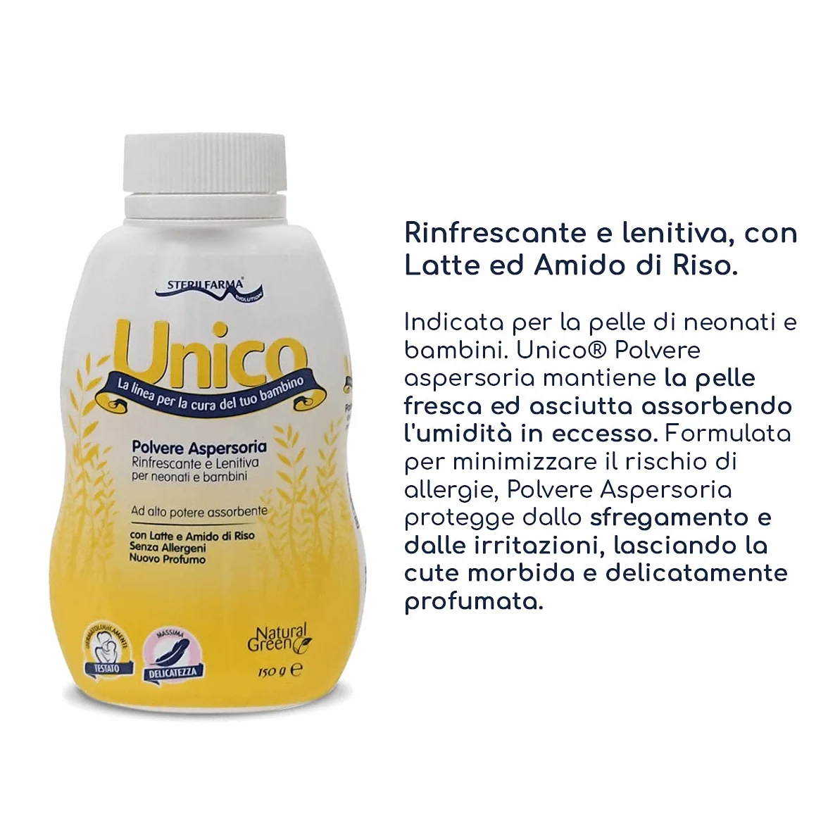 Unico Polvere Aspersoria - PER RINFRESCARE ED ASCIUGARE LA PELLE DEL BAMBINO DOPO IL BAGNETTO - Rinfrescante e lenitiva, con Latte ed Amido di Riso. 150G