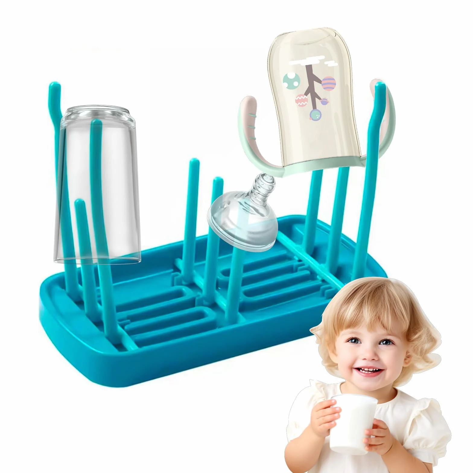 Scolabottiglie, Pieghevole Scolabiberon, Portatile Stendino per Biberon, Blu, con Vassoio Antigoccia, per Asciugare Biberon, Tettarelle, Tazze