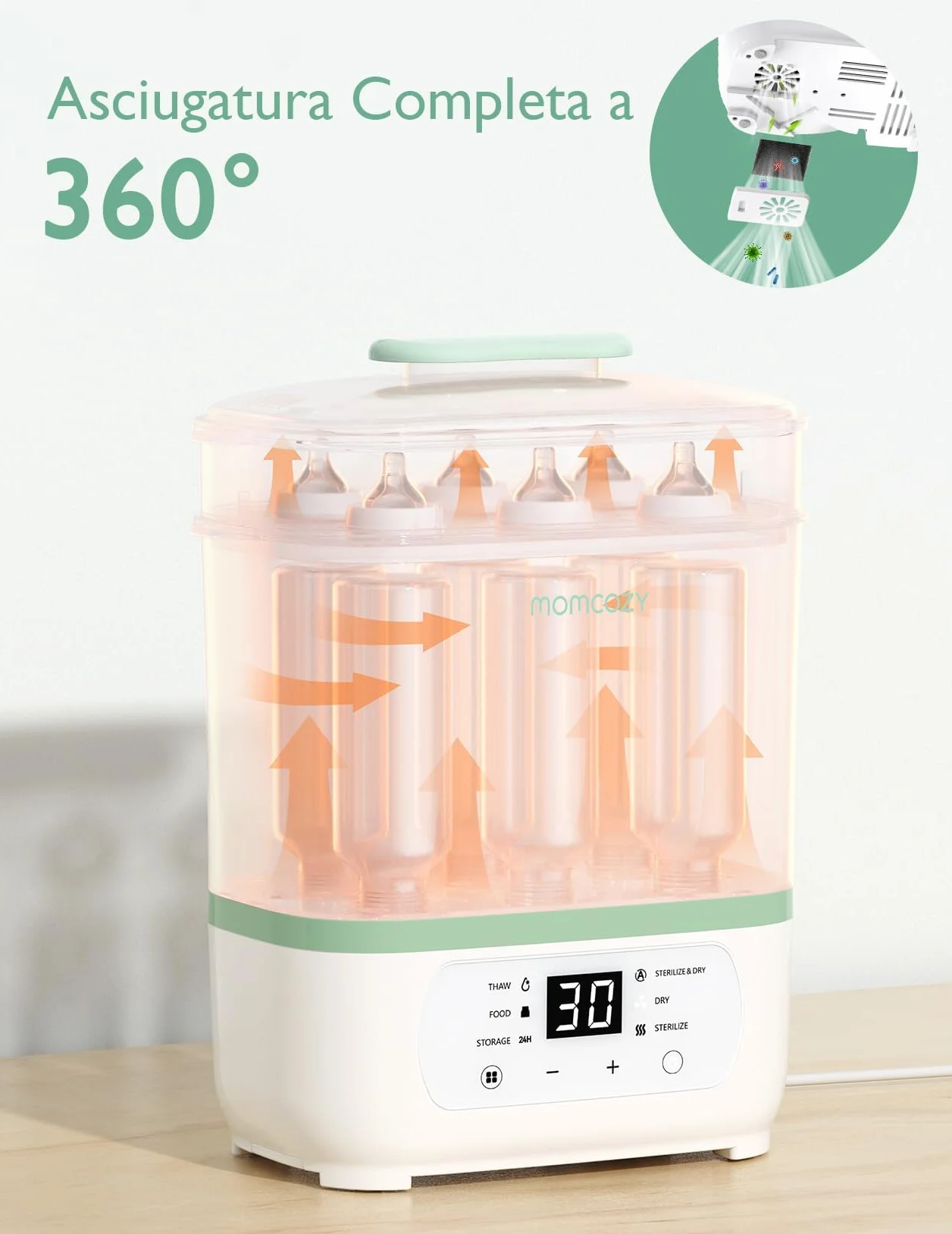 Momcozy Sterilizzatore Biberon Elettrico a Vapore 3-in-1 – Sterilizza, Asciuga e Riscalda, Elimina Molti Batteri Comuni In Vari Scenari d’Uso, Capacità 8 Biberon, Protezione Antigermi 24h