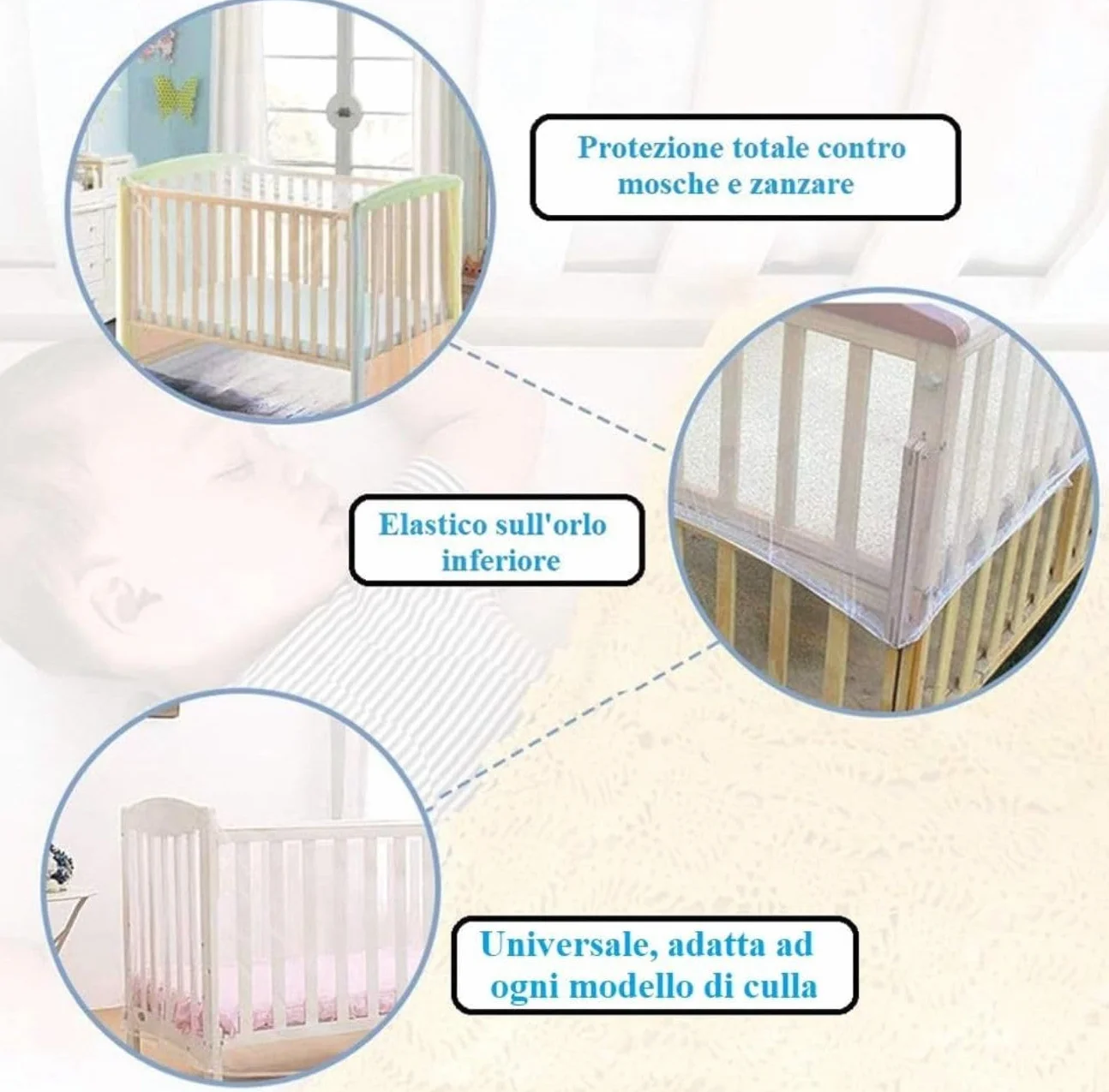 Zanzariera Universale per Culle, Lettini e Carrozzine – Rete Anti Zanzare e Insetti 100% Poliestere Traspirante – Bordo Elastico Facile da Applicare – Colore Bianco, Lavabile a Mano 233207