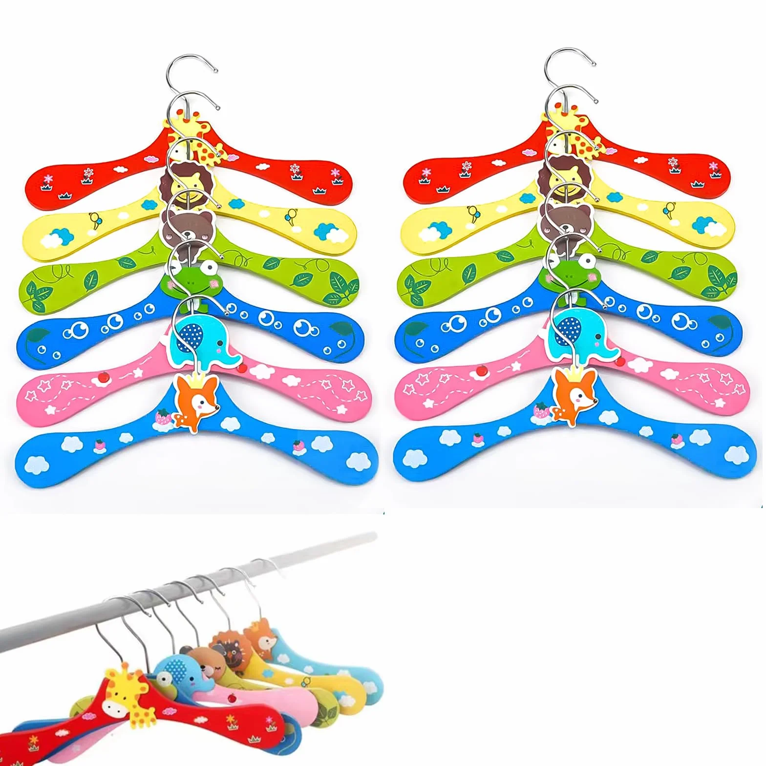 12 PCS Grucce Bambini Legno - Grucce per bambini in legno colorato con motivi animali