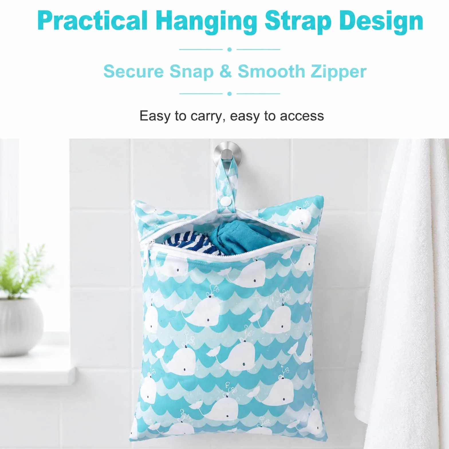 Set da 3 Wetbags Blu Balena Design, Borse Impermeabili per Pannolini e Indumenti bagnati per Neonati e Asilo, Wetbag Portatile per Viaggio con Dolce Motivo Balena