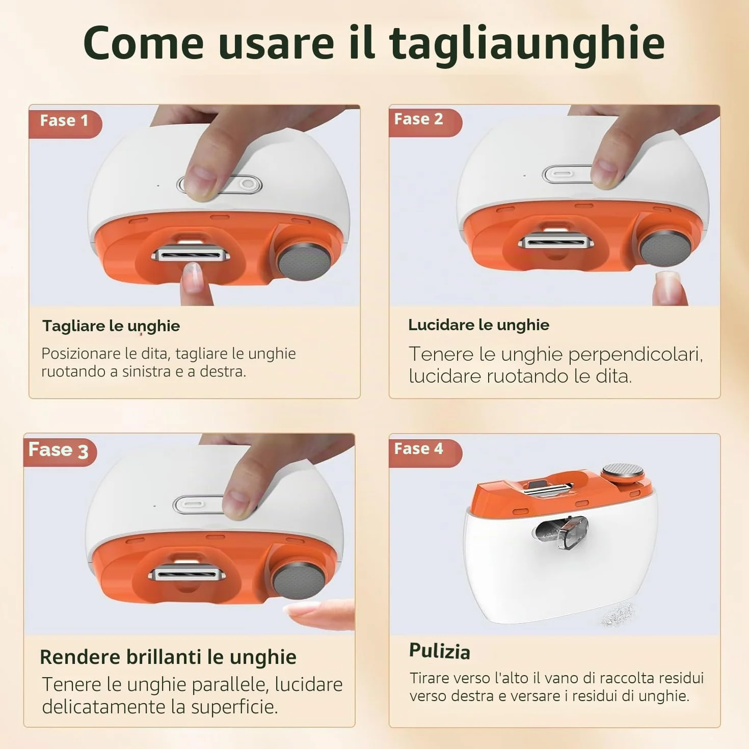 Tagliaunghie elettrico, 2 in 1, per unghie elettrico, ricaricabile tramite USB, con luce LED, adatto per neonati, bambini, adulti e anziani (arancione)