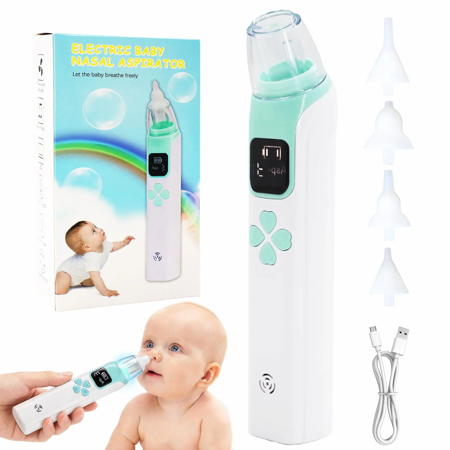 Aspiratore nasale per bambini, potenza di aspirazione regolabile a 3 livelli, 4 testine in silicone, funzione musica e luce, adatto per neonati, lattanti e bambini piccoli