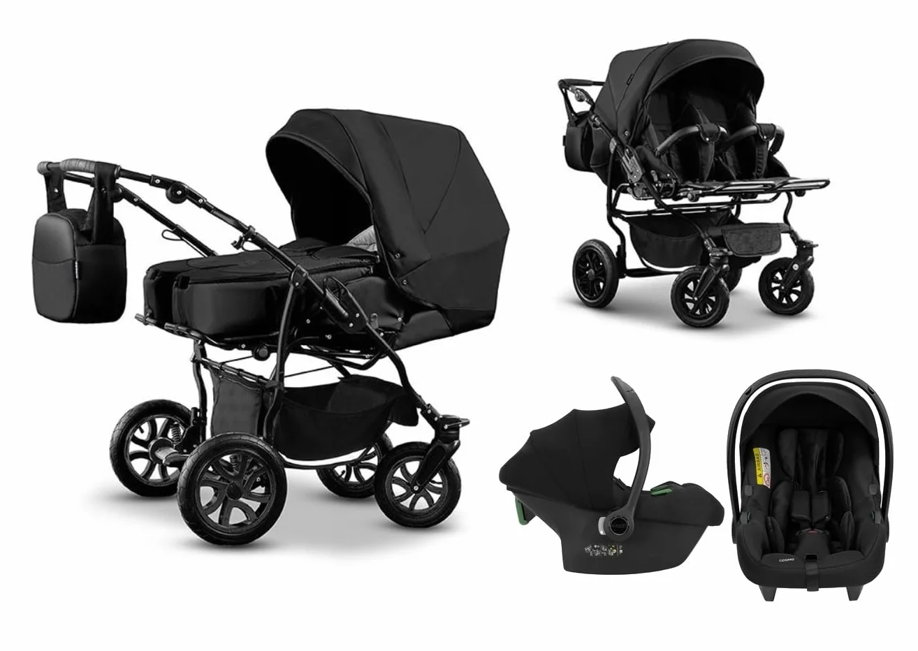 Passeggino gemellare 3 in 1. Passeggino e accessori in 3 pezzi: 2 navicelle + 2 passeggini + 2 ovetti + accessori. BBtwin DUET TRIO Nero