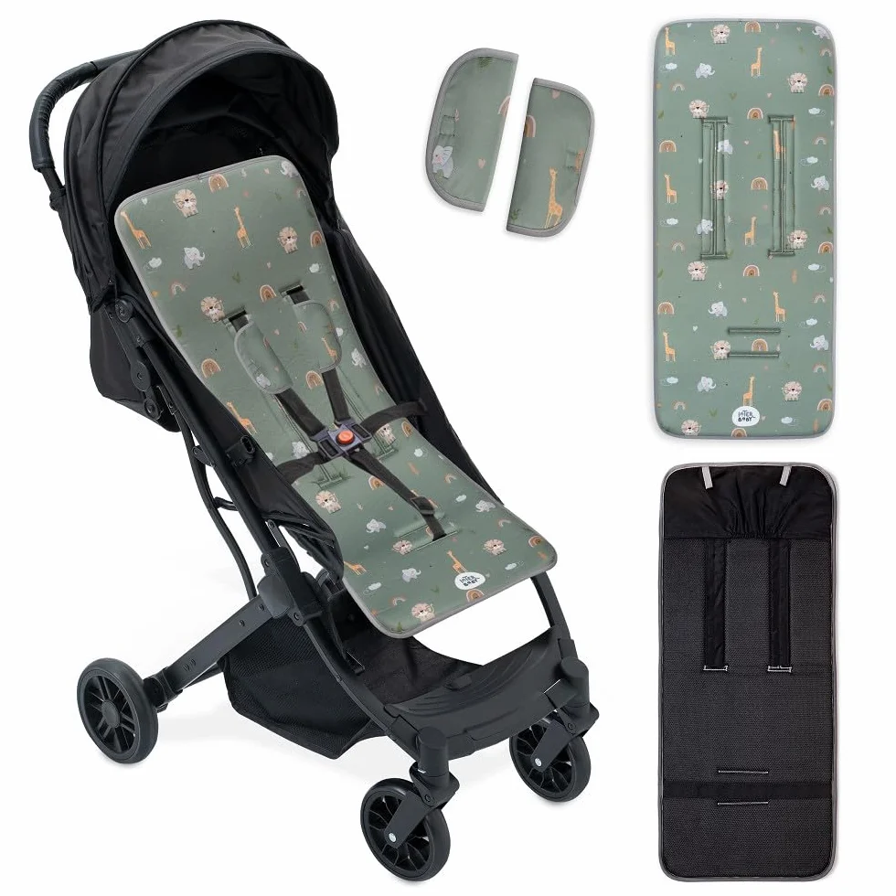 Interbaby Materassino per passeggino universale per estate | Safari verde | traspirante e confortevole | copertura per passeggino 100% cotone, 84 x 34 cm, protezioni per imbracatura
