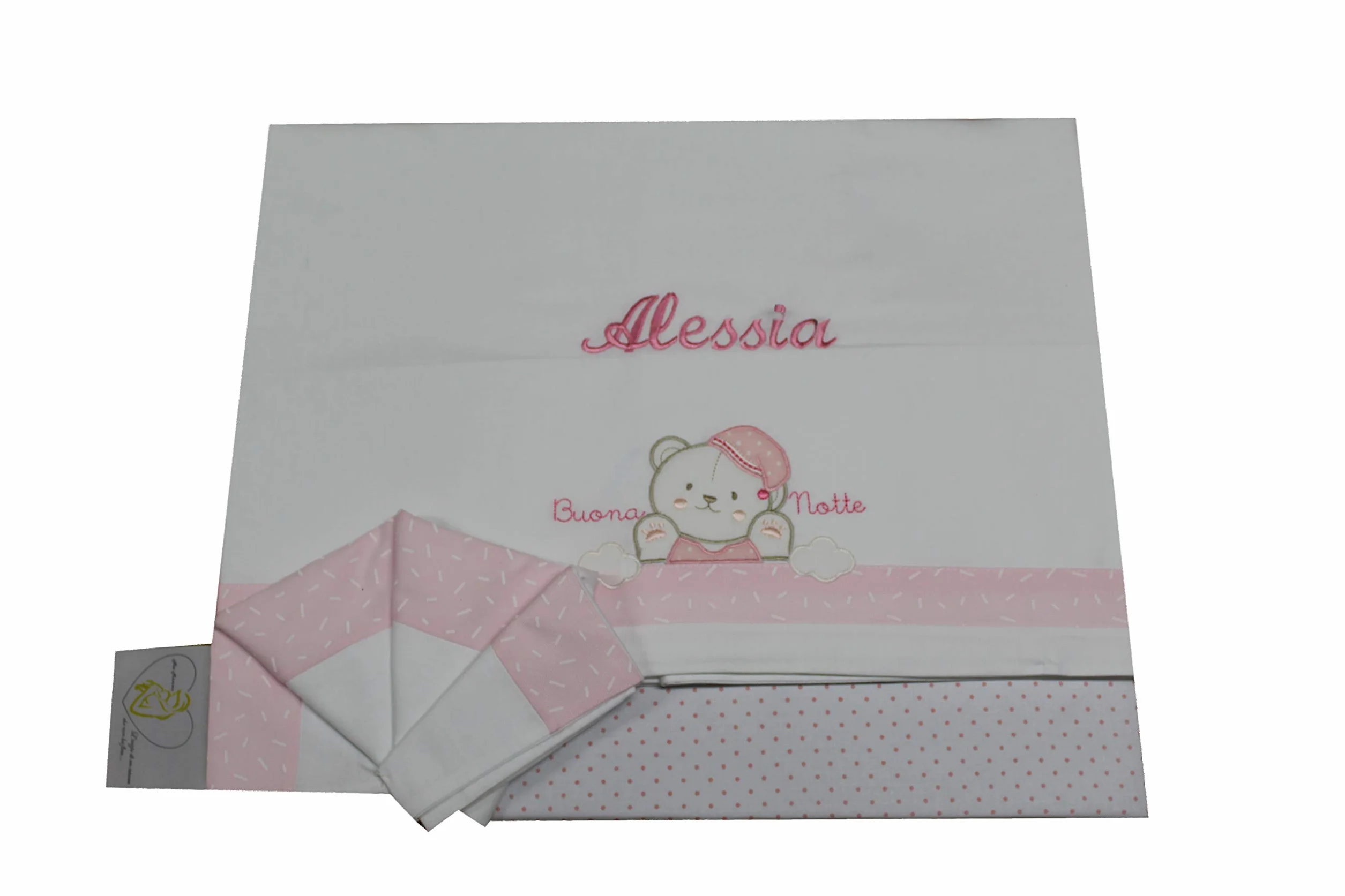 Set per culla in cotone 3 pezzi con ricamo del nome personalizzato. Federa, lenzuolo e coprimaterasso con elastico