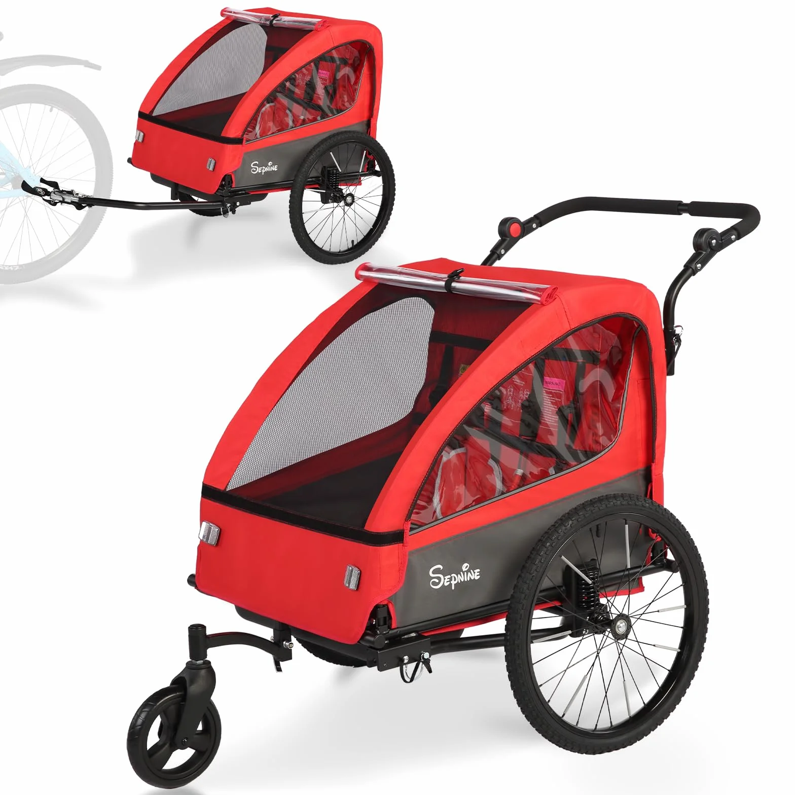 SEPNINE® Rimorchio e passeggino 2 in 1 con sospensioni, rimorchio per bicicletta da 1 a 2 bambini max, funzione jogger, pieghevole, spazioso bagagliaio (rosso)