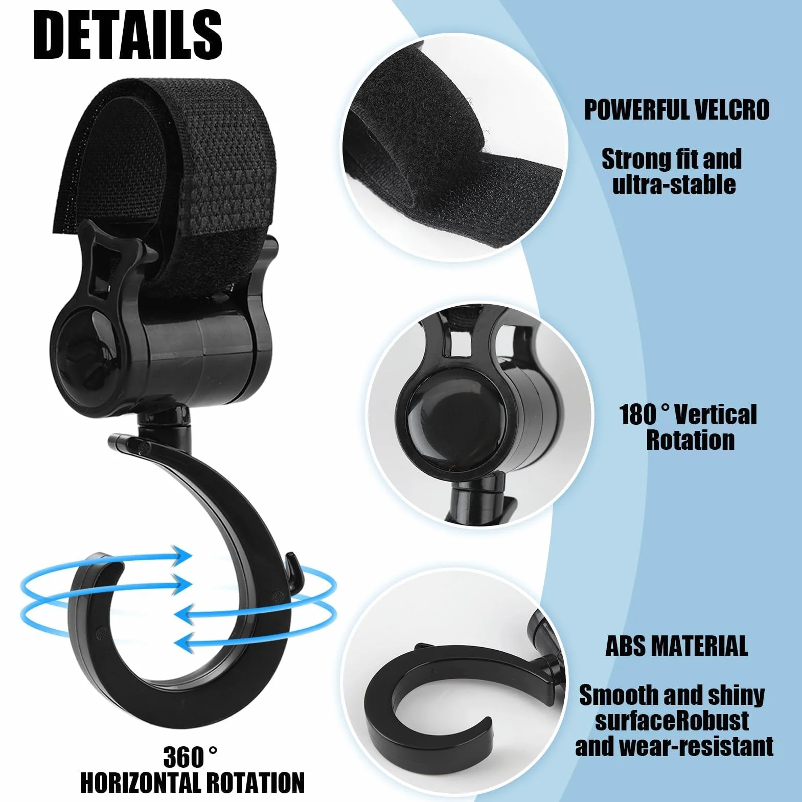 4 Pezzi Ganci Passeggino, Ganci per Passeggino Universale Leggero Rotanti Appendi, Multiuso Gancio Clip con Chiusura Regolabile, Ganci Appendere per La Spesa Borse Pannolini Borsette (Nero)