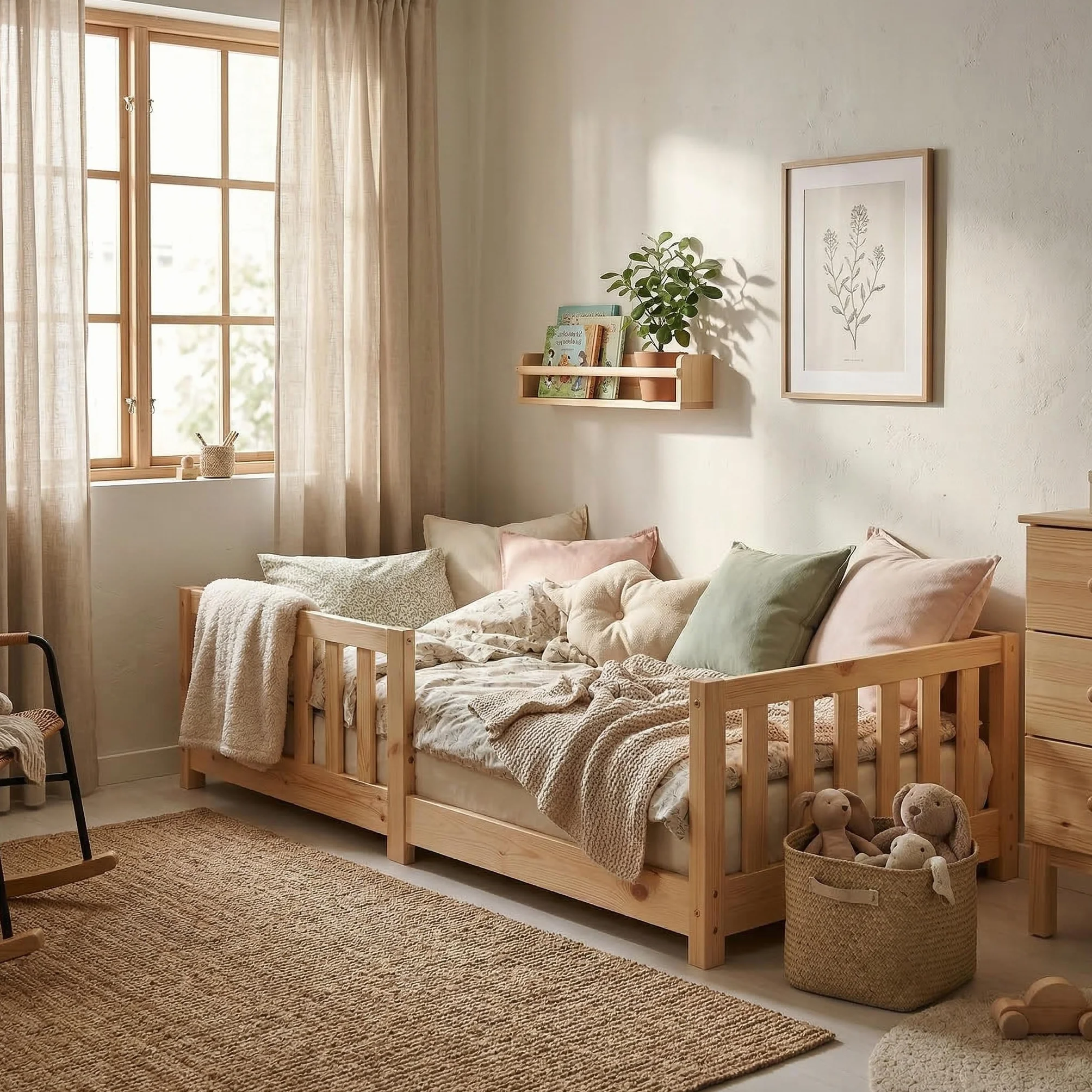 ecoMI Letto per bambini con protezione anticaduta e rete a doghe, letto da pavimento Montessori in legno di pino massiccio, letto singolo, naturale, 80 x 160 cm