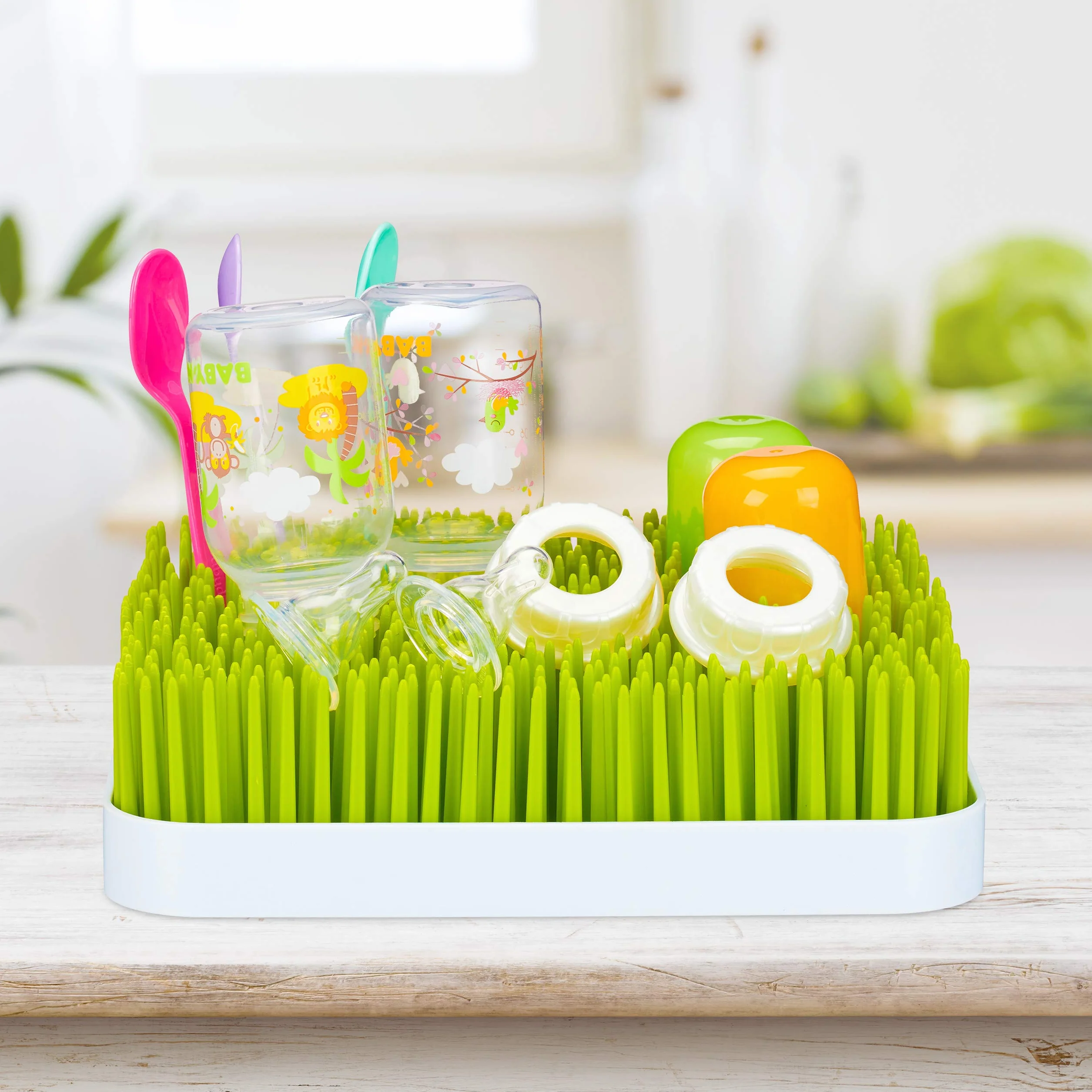 Relaxdays Little Choice Scolabiberon, Vaschetta Raccogli Gocce, Rastrelliera Asciuga Ciucci, in Plastica, 23 x 23 cm, Verde/Bianco