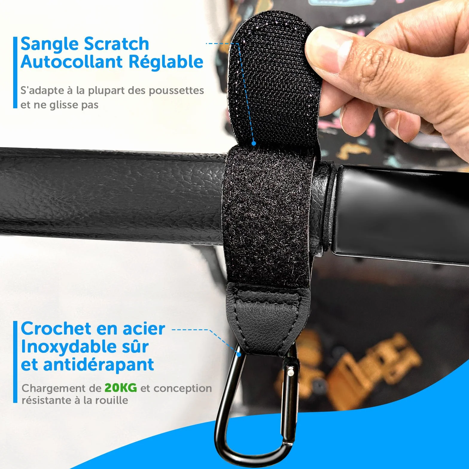Ganci per Passeggino Porta Borse in Pelle, 2 Pezzi Universali Accessori Passeggino per Appendere Borse, Zaini e Borsa della Spesa, Antiscivolo, Cuciture Forti (Nero)