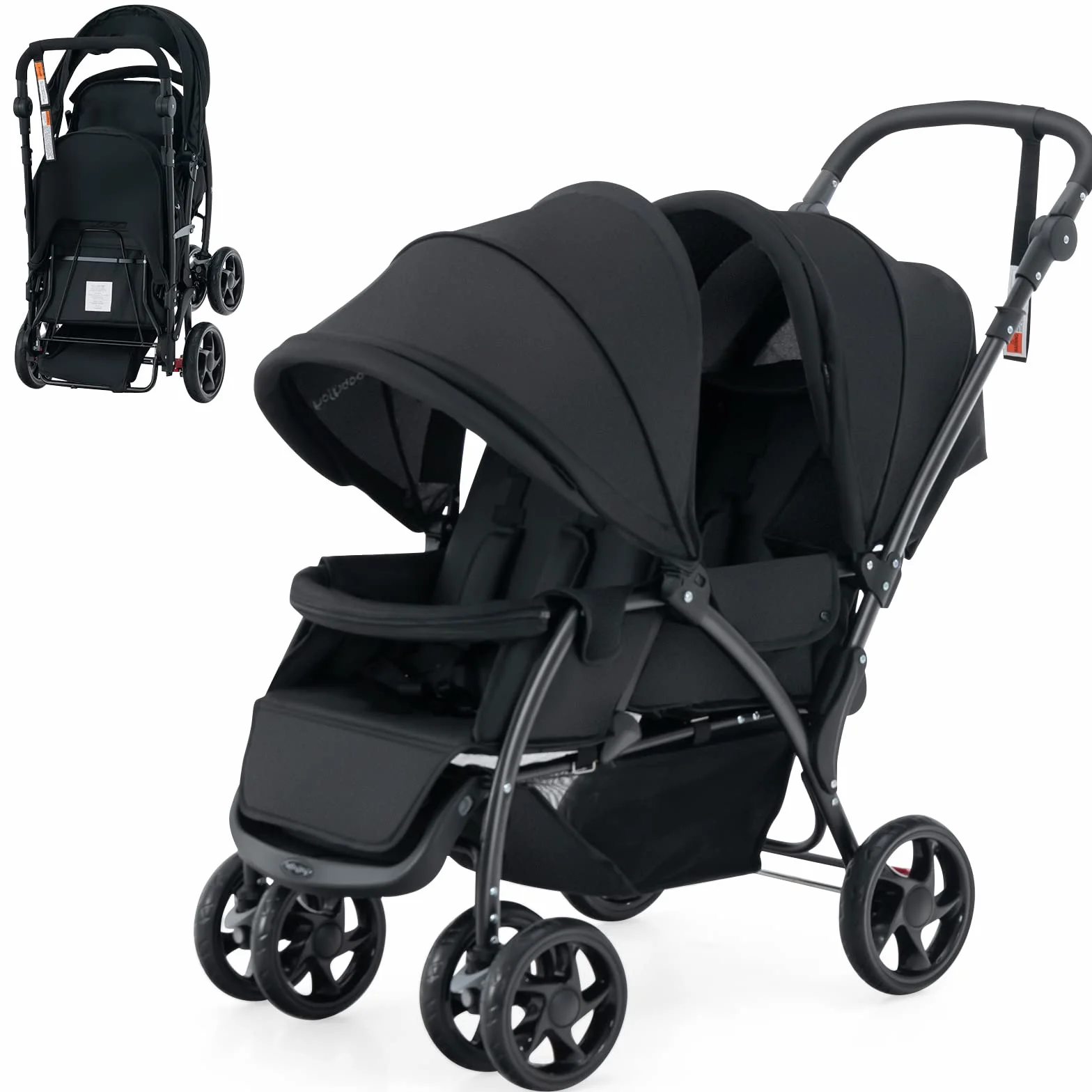 COSTWAY Passeggino Doppio Pieghevole per Bambini, Passeggino Gemellare Pieghevole, con Seduta in Tandem e Tettuccio, Schienale Regolabile, Ruote Bloccabili e Antiurto, Portata Totale 30 kg (Nero)