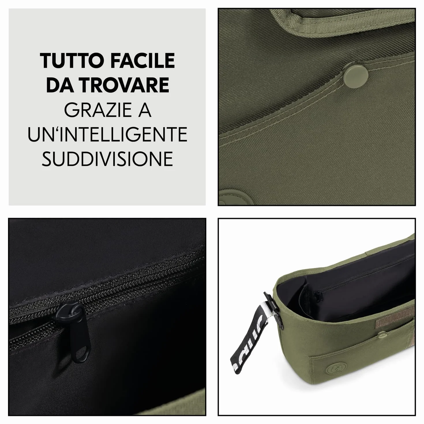 hauck Borsa Passeggino e Carrozzina, Verde Oliva - 35 x 10 x 22 cm - Borsone Portaoggetti con Portabibite di Facile Presa e Tasca in Rete - Chiusura a Strappo per Fissaggio al Manubrio