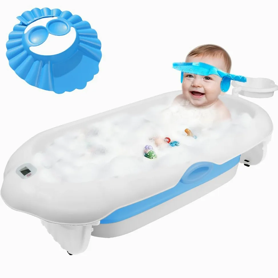 Vasca da bagno pieghevole con cuscino di supporto per il bagno, con cuffia da bagno impermeabile, supporto, termometro, pieghevole compatto e facile da pulire