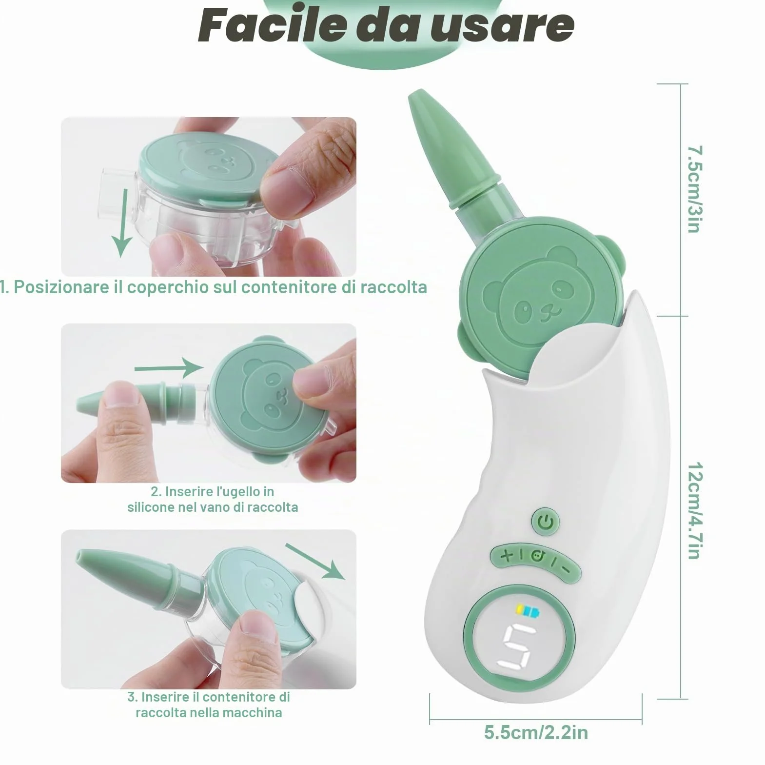 Aspiratore Nasale Neonato Elettrico con 5 Livelli di Aspirazione, Aspiratore Nasale Elettrico con Display, Ricaricabile Aspira Muco Neonato con 2 Beccucci in Silicone, Pinzette e Funzione Musica