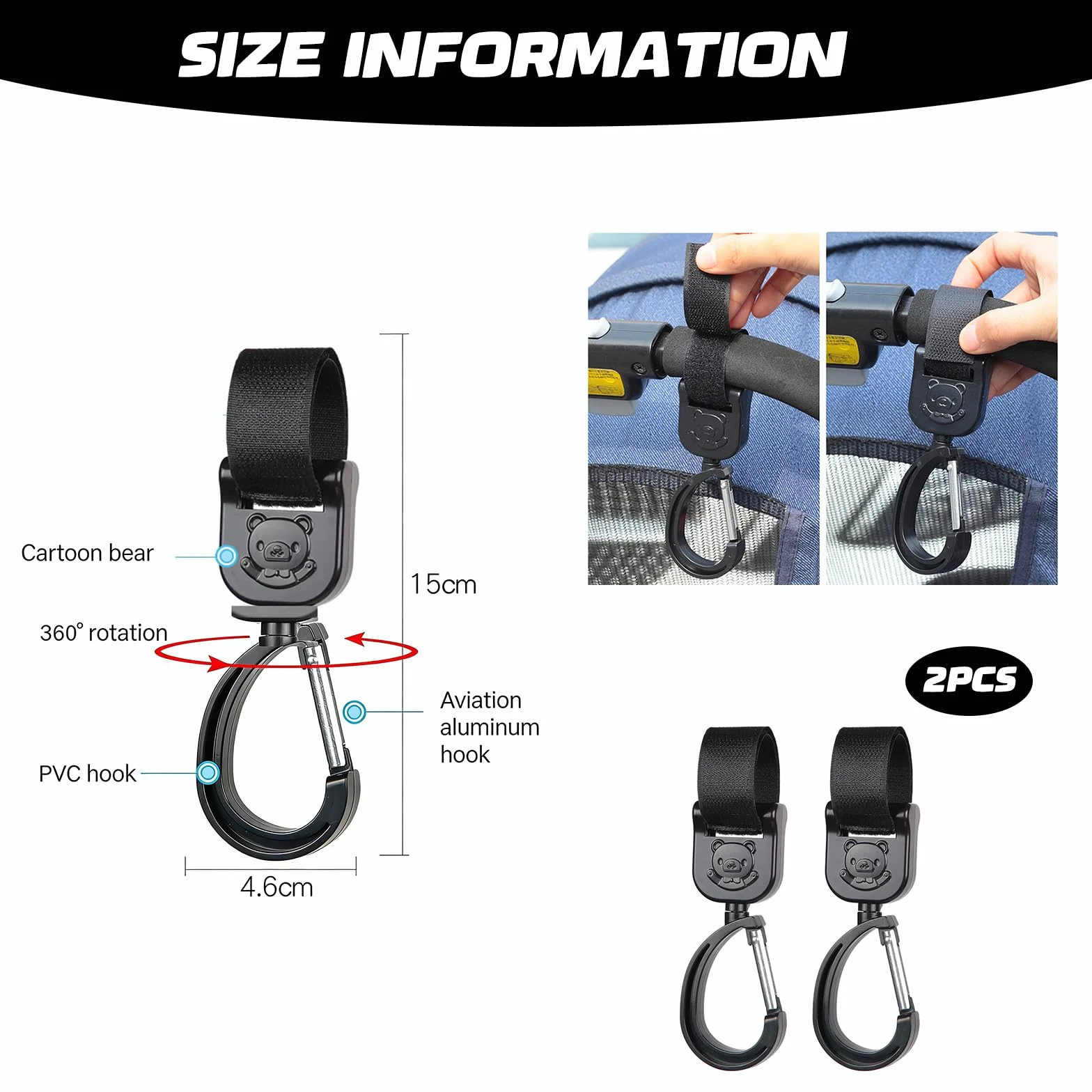 Set 2 Ganci Universali Per Passeggino In Nero Con Motivo Orsetto, Ganci Per Borsa Passeggino, Pratici Per Appendere Borse E Organizer, Accessorio Carino E Funzionale.