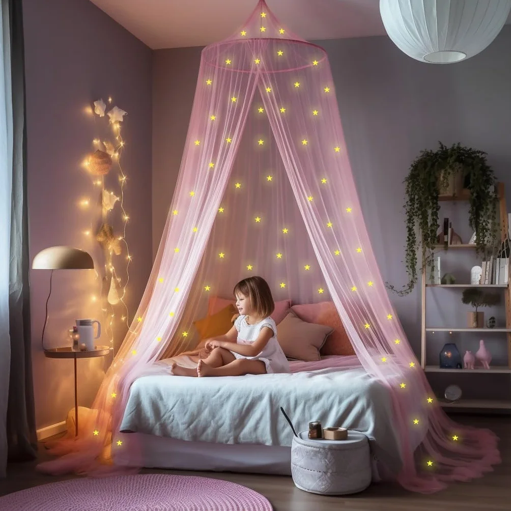 Rosa Baldacchino per letto da ragazze con bagliori pre-incollati nelle stelle scure - Zanzariera con decorazioni per camera Princess - Tenda per camerette per bambini con Luci della Galassia