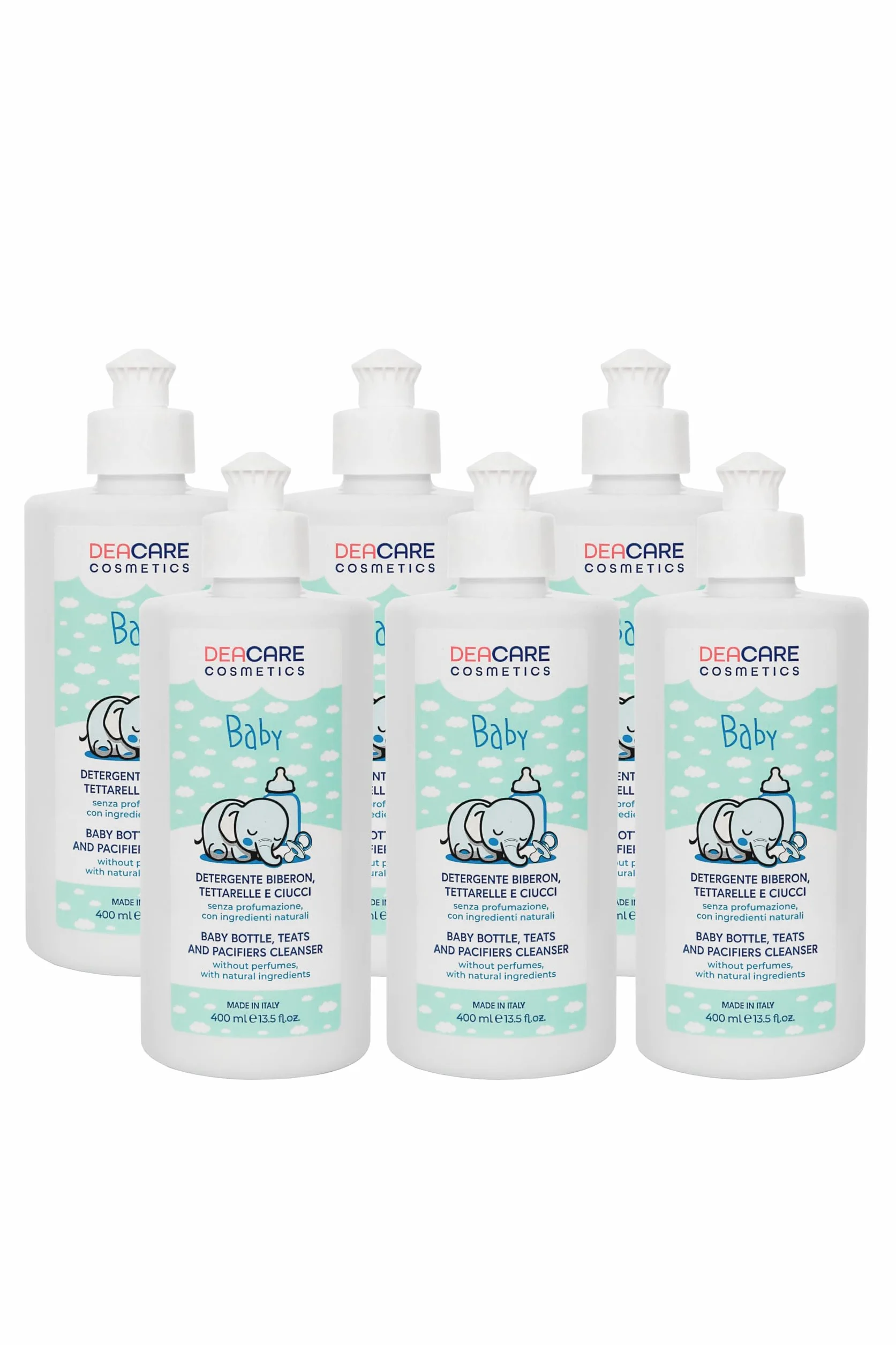 Deacare Baby KIT 6 DETERGENTE BIBERON TETTARELLE E CIUCCI con Enzimi di Origine Naturale, Senza Profumo, Detersivo Biberon, Rimuove Residui Cibo e Sanitizza, Dermatologicamente Testato - 6x400ml