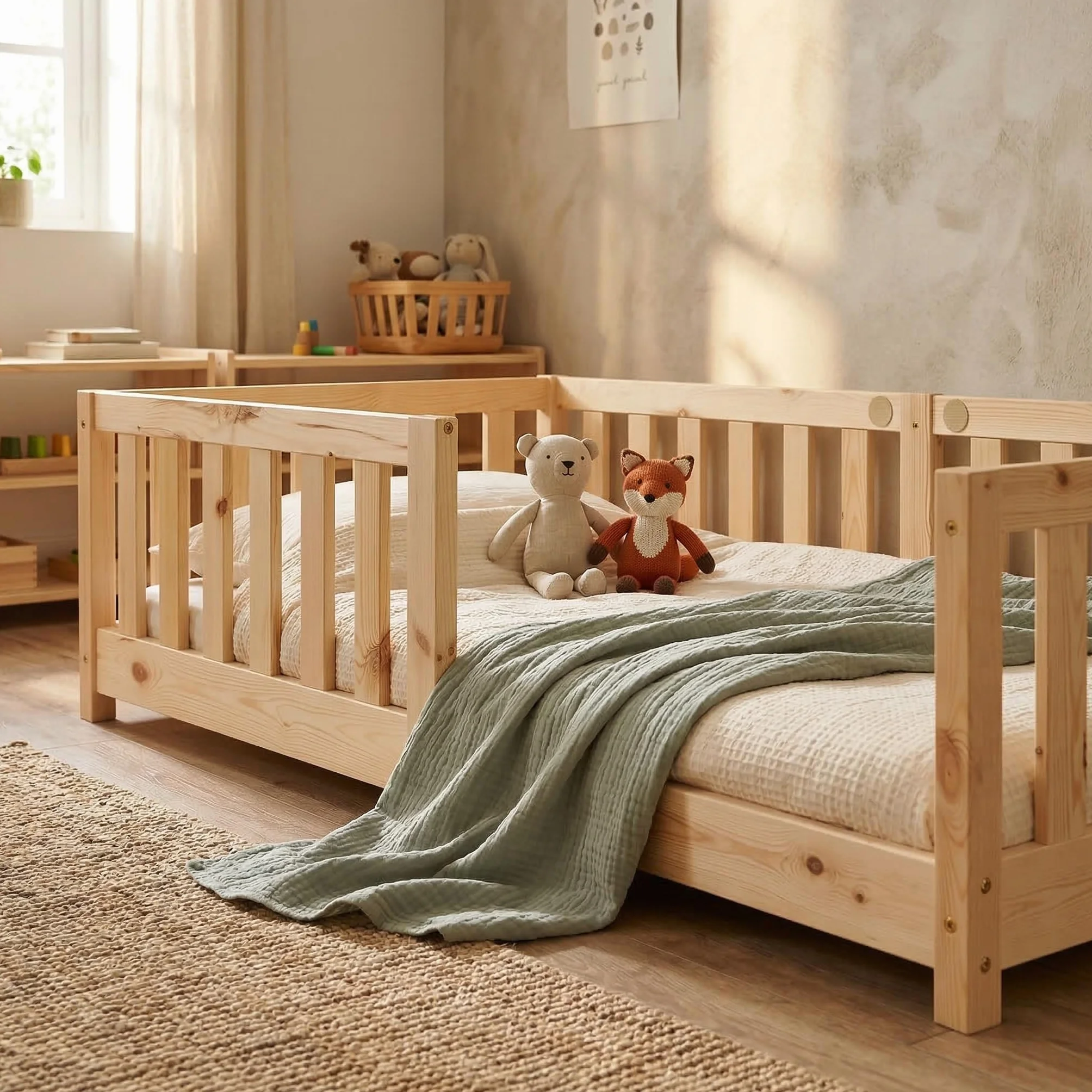 ecoMI Letto per bambini con protezione anticaduta e rete a doghe, letto da pavimento Montessori in legno di pino massiccio, letto singolo, naturale, 80 x 160 cm