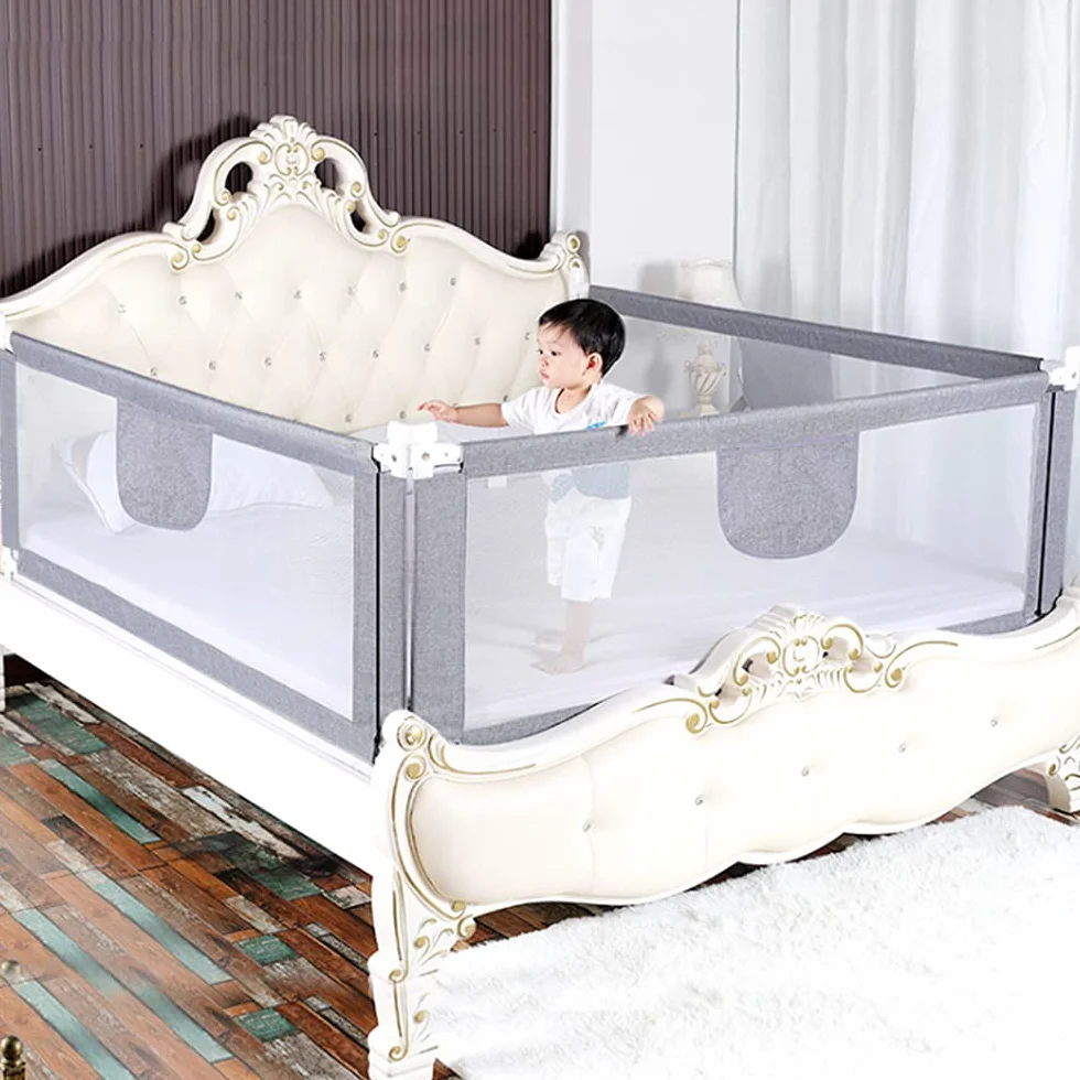 Bed Rail, Barriera del letto per bambini, pieghevole, Barriera di sicurezza per bambini, letto in tessuto, facile da installare, facile da trasportare, 2 m, grigio