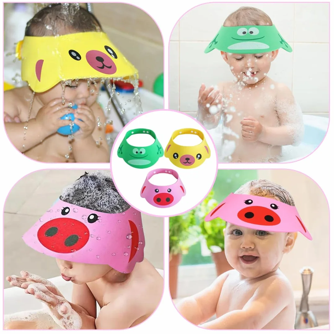 3 Pezzi Cuffia da Doccia per Bambini Regolabile, in Silicone Morbido, Impedisce all'Acqua di Entrare negli Occhi (Rosa Maiale, Giallo Cane, Verde Rana)