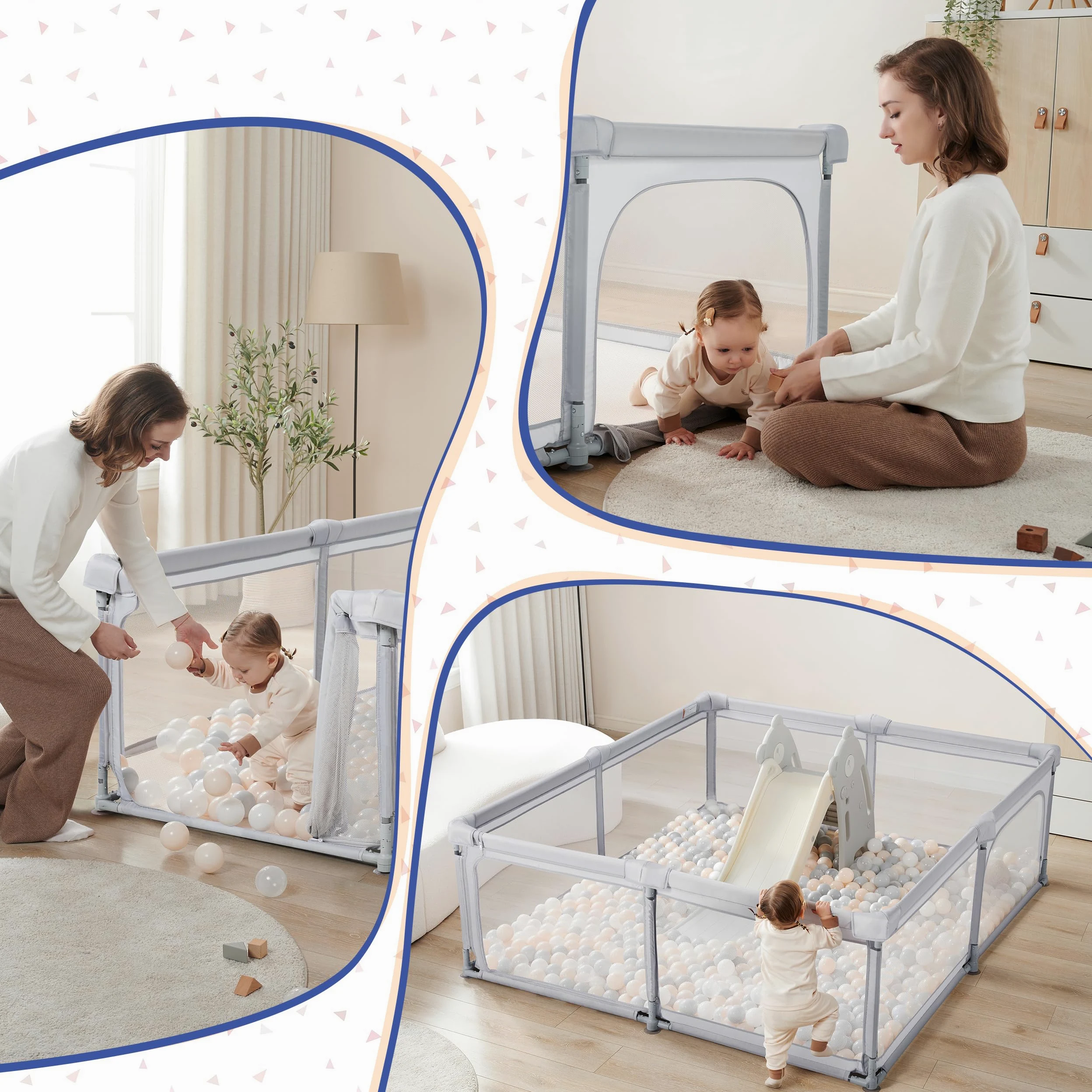 Sweeby Box pieghevole per bambini, con cancello, grigio, 180 x 150 cm