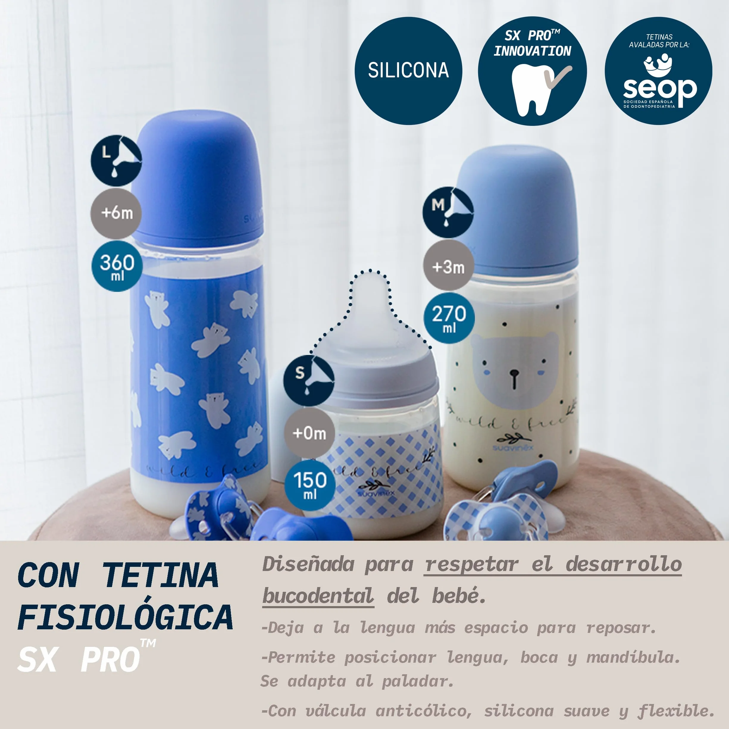 Suavinex, Confezione da 2 Biberon da 360 ml, Tettarella Fisiologica SX Pro in Silicone con Valvola Anticolica, a Flusso Denso (L), Adatto per Pappe Liquide. ​​Neonati +6 Mesi. Birdies e Wild&Free, Blu
