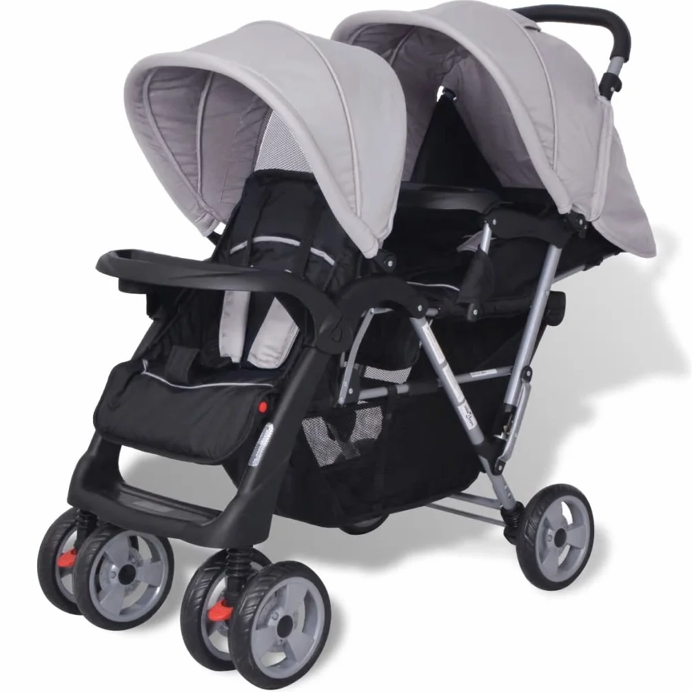 ZHOUMIN Passeggino Gemellare a Tandem in Acciaio Grigio e Nero,Passeggino,Passeggino Carrozzina