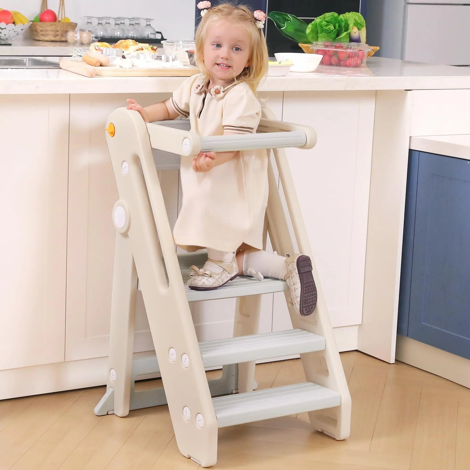 Onasti Torre di Apprendimento per Bambini, Learning Tower,Torre Montessoriana Pieghevole e Regolabile in Altezza per Bambini per Bancone Cucina Lavandino Bagno, Torretta Montessoriana (Bianco)