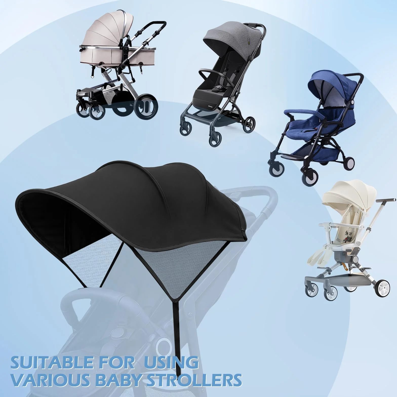 WD&CD Parasole per Passeggino, Pieghevole Traspirante con Protezione UV Facile da Installare, Nero