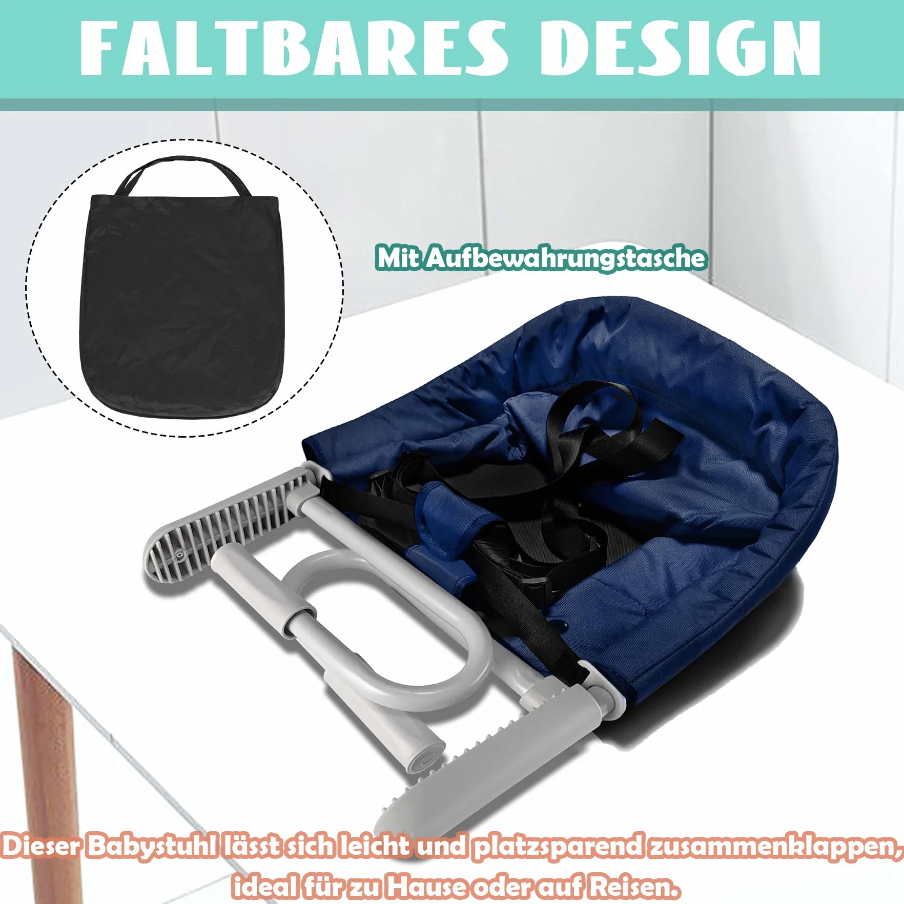 SUBTLETY Seggiolino da tavolo, pieghevole, con borsa per il trasporto, antiscivolo, con morsetti e borsa per la seduta, portatile, per tavolo da 2 a 8 cm di spessore, capacità di carico 15 kg, blu