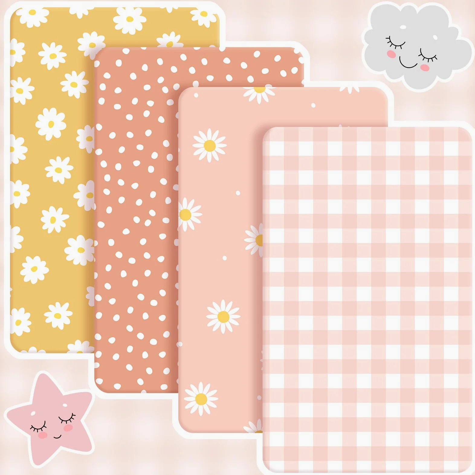 Peryiter Confezione da 4 lenzuola per culla rosa a quadri per bambini, motivo orso blu, lenzuola per culla standard con stampa margherita, per neonati o ragazze (margherita)