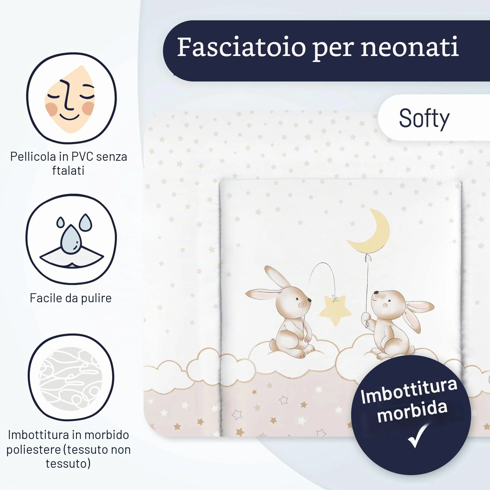 Julius Zöllner Materassino fasciatoio Softy, 65 x 75 cm, impermeabile e lavabile, prodotto in Germania, Oeko-Tex Standard 100, coniglietto da sogno