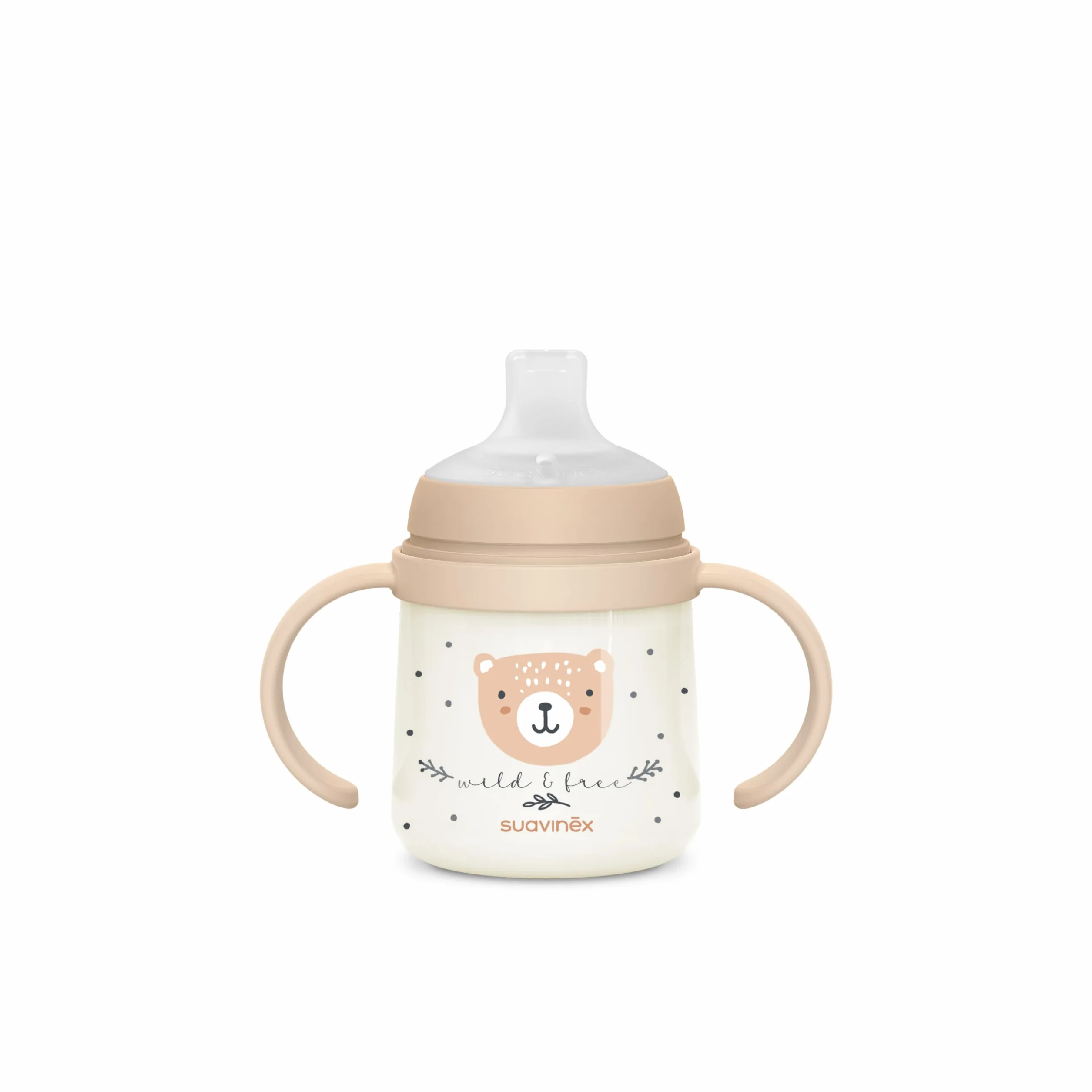 Suavinex, Vaso Aprendizaje Bebé, Taza Antiderrame, Biberón con Asas que Brilla en la Oscuridad, con Boquilla de Silicona y Válvula Anticólico, Ideal para Usar por la Noche, +6 Meses, Wild&Free Beige