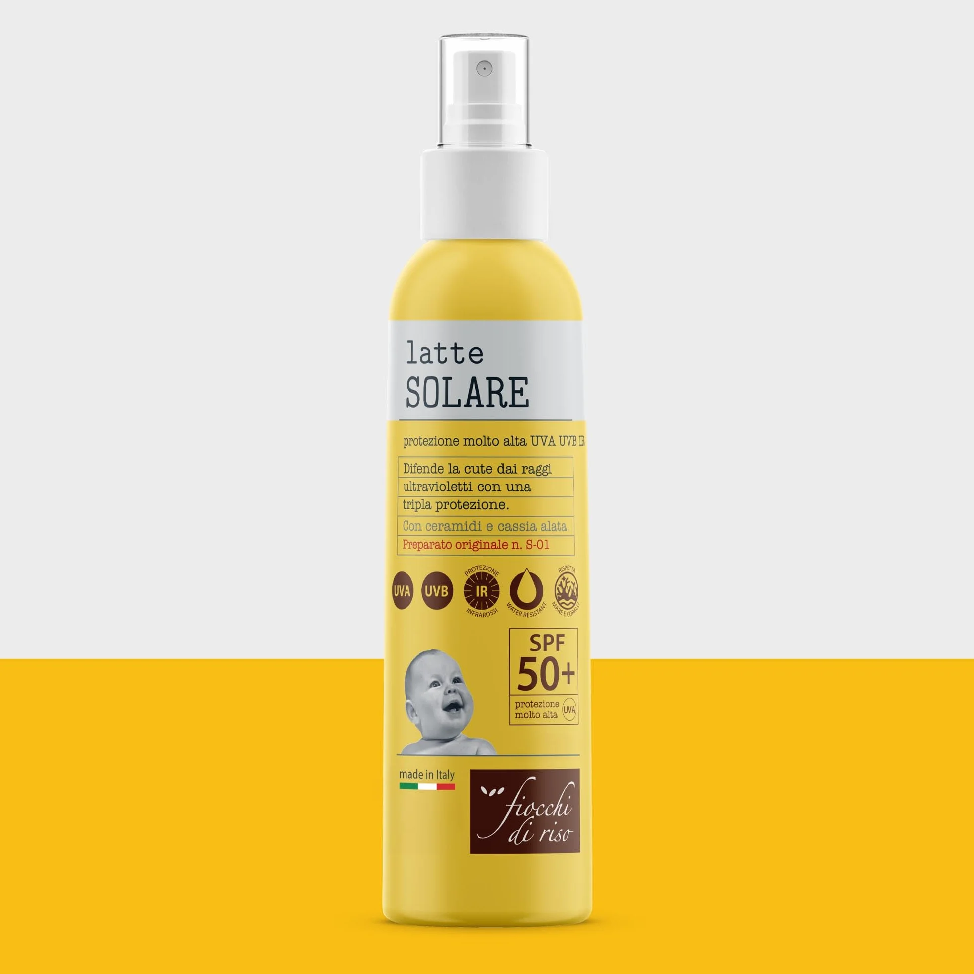 Fiocchi di Riso - Latte SOLARE 50+ - 140ml - PROTEZIONE SOLARE - SPF 50+ - Ideale per difendere la cute dai raggi ultravioletti con una tripla protezione, Con ceramidi e cassia alata. Pack riciclato
