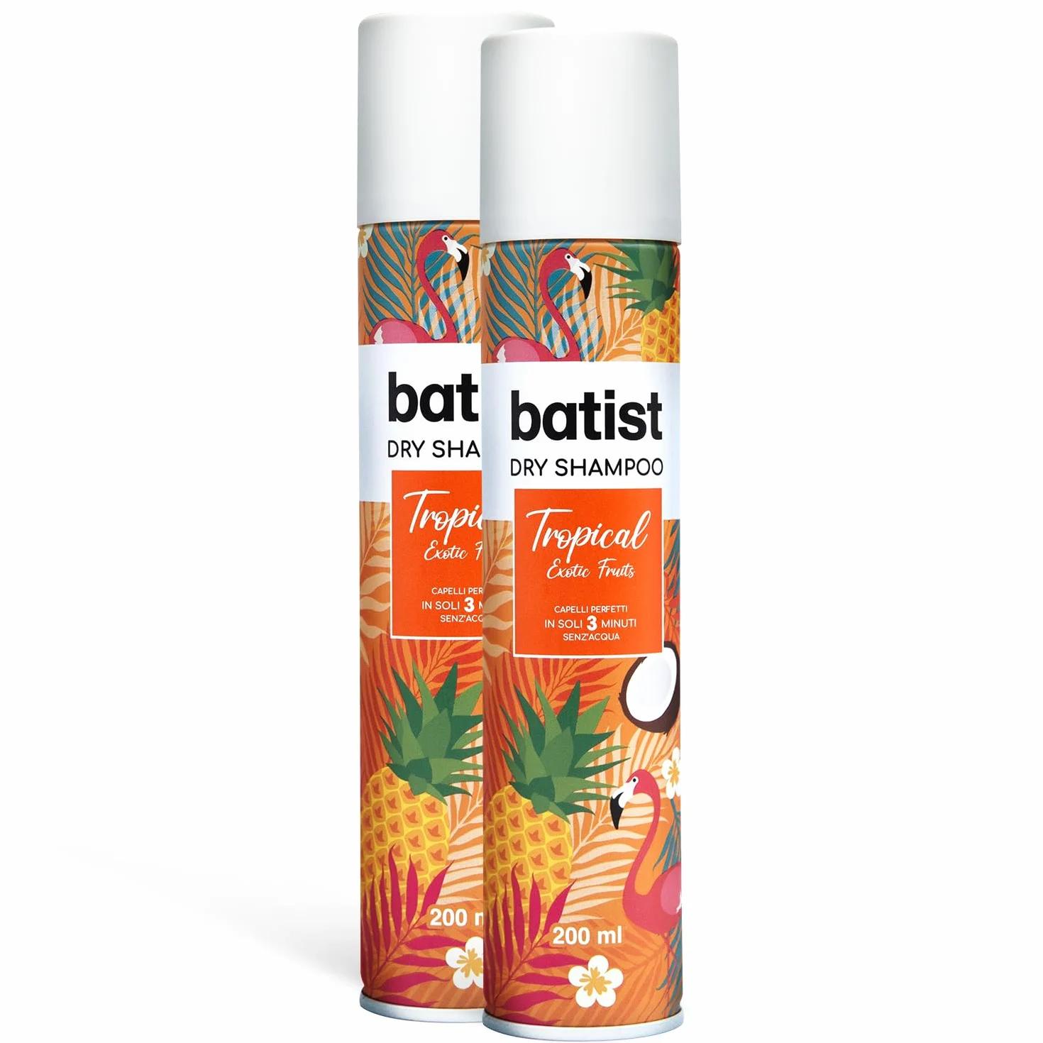 Batist Shampoo Secco Tropical, Shampoo A Secco Con Profumazione Esotica Al Cocco E Frutto Della Passione, Per Acconciature E Messe In Piega, Per Tutti I Capelli, 2x200 Ml, Made In Italy