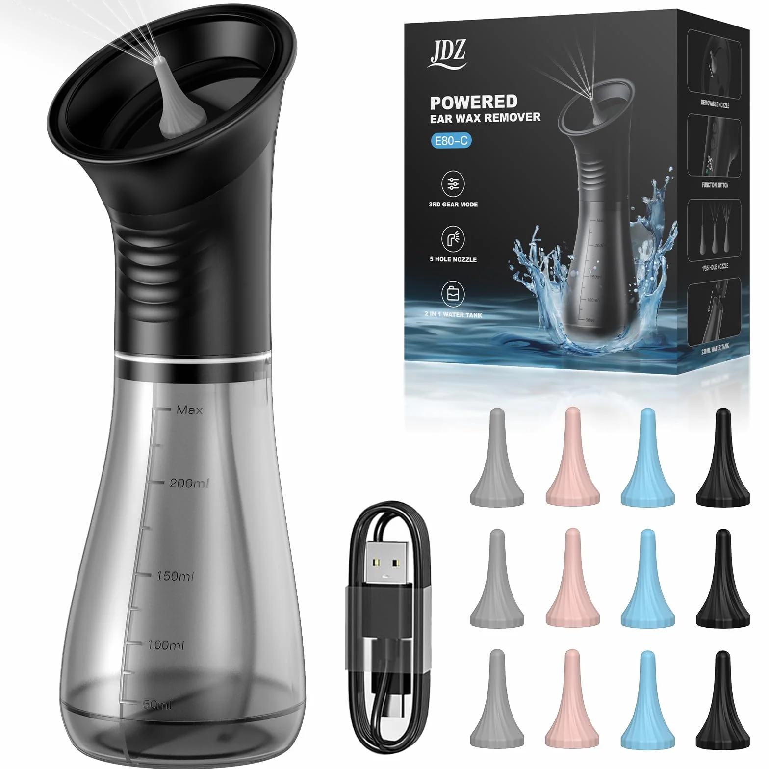 Pulizia Orecchie 2000mAh, JDZ Pulisci Orecchie con Doppio Serbatoio, Pulitore Orecchie con 12 Testine di Ricambio, Impermeabile Pulire Orecchie, Aspiratore Cerume Orecchie con 3 Modalità