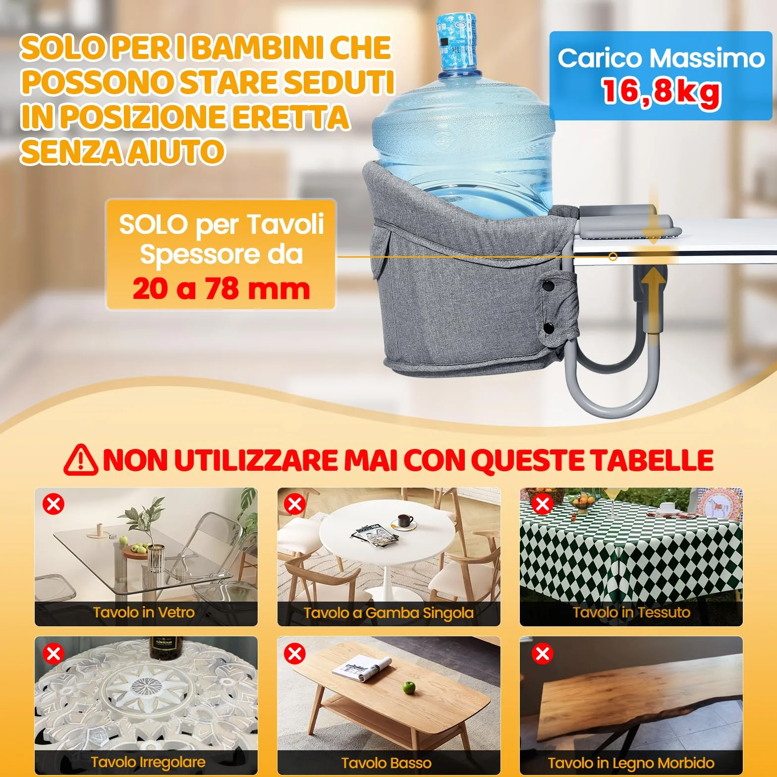 Orzbow Seggiolino da Tavolo per Bambini, Sedia da Tavolo per Bambini con Imbracatura a 5 Punti, Tappetini per l'imbottitura della Tracolla, Facile da Trasportare,per l'uso Domestico e Viaggi, Grigio
