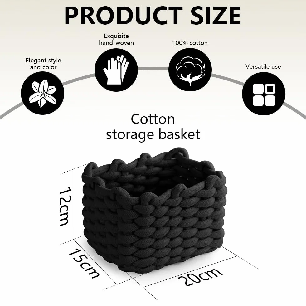 Aolso Cesto Portaoggetti in Corda di Cotone Intrecciato, 2pcs Contenitore Bagno Portaoggettii, Cestino Cameretta,Cestini Decorativi Quadrati per Portaoggetti per Trucchi,Giocattoli, Calzini, Nero