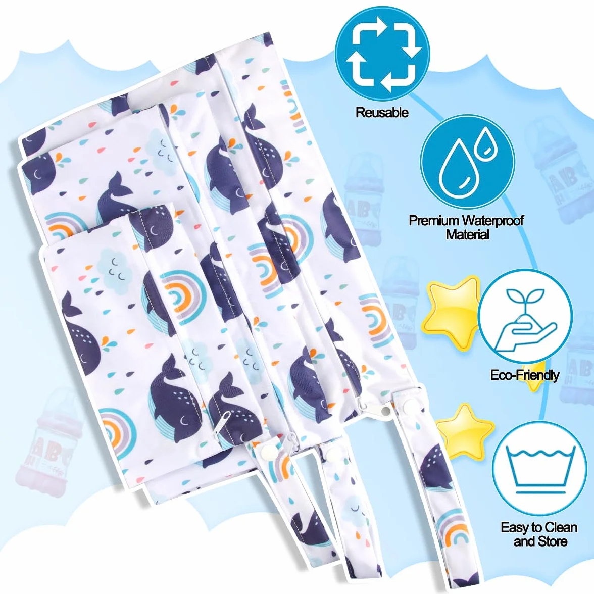 EKKONG Wetbag, 3 pezzi Wet Bag Borsa, Wetbag Pannolini Riutilizzabile, Borsa per Pannolini Lavabili Riutilizzabile, Sacchetto del Pannolino Lavabile con Zip Impermeabile Organizzatore (Balene)