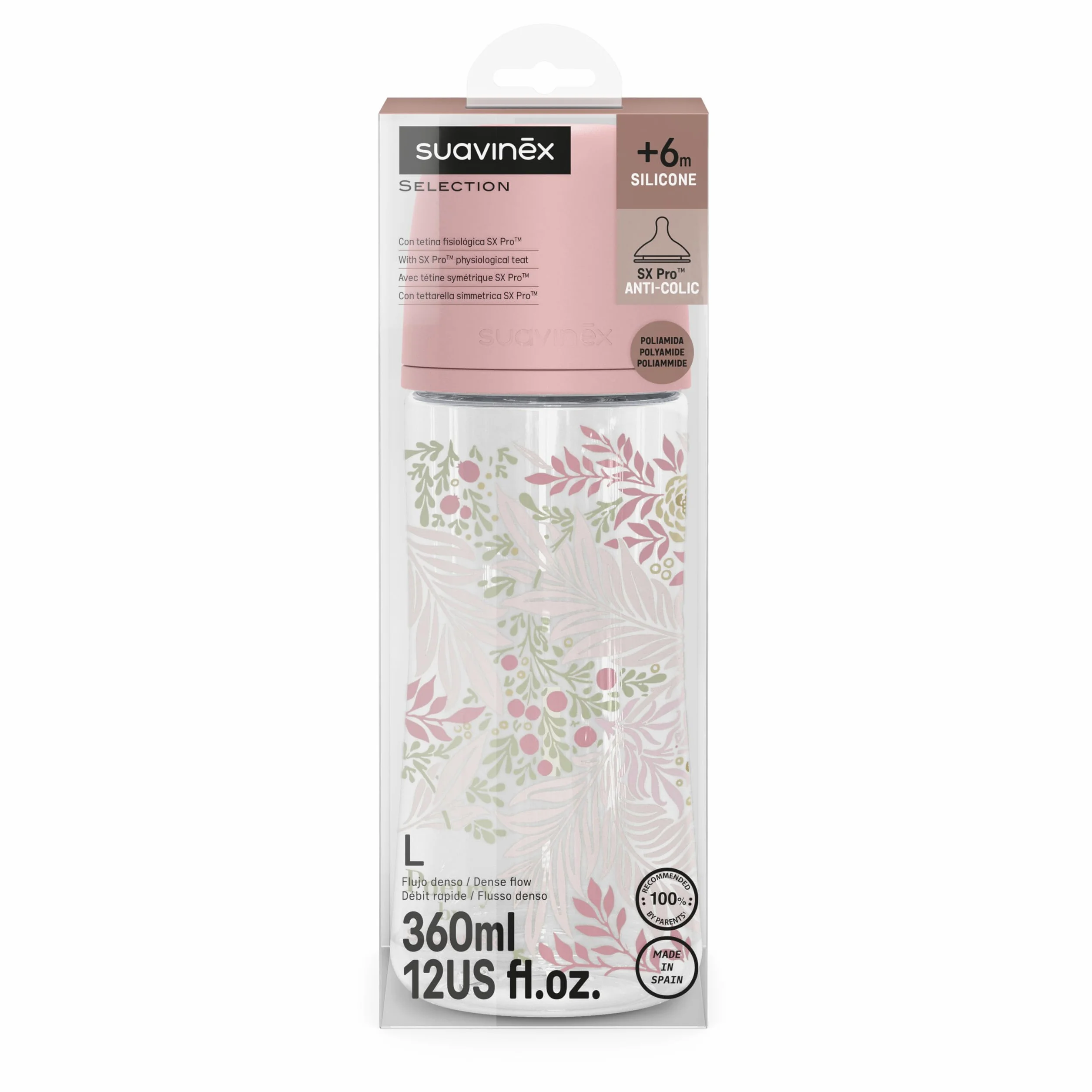 Suavinex, biberon da 360 ml, con tettarella fisiologica SX Pro in silicone, valvola anticolica, flusso denso (L), per liquidi a densità densa, adatto per pappe liquide. Neonati +6 mesi, Poetry, rosa